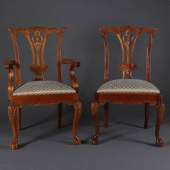 Six Baker School Carved Mahogany Chippendale Style Ribbon Back Dining Chairs
