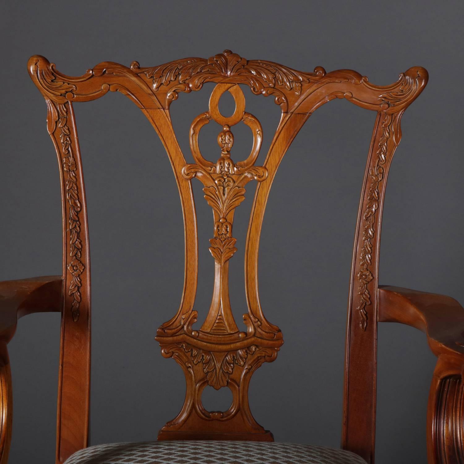 American Six Baker School Carved Mahogany Chippendale Style Ribbon Back Dining Chairs