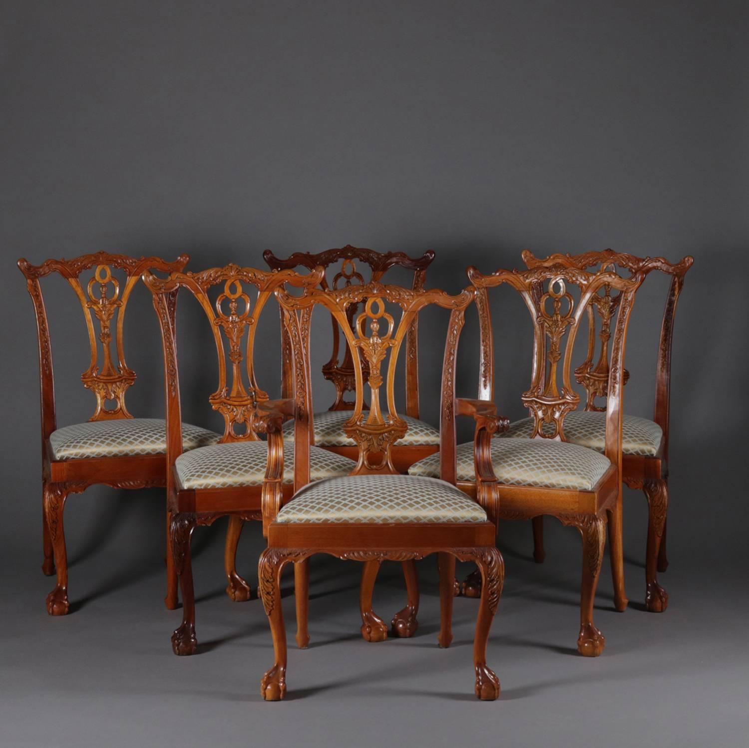 Six Baker School Carved Mahogany Chippendale Style Ribbon Back Dining Chairs 1