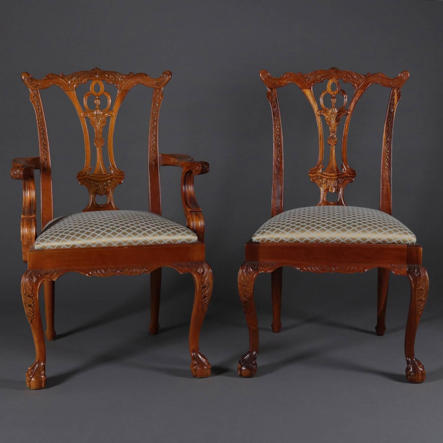 Six Baker School Carved Mahogany Chippendale Style Ribbon Back Dining Chairs 2