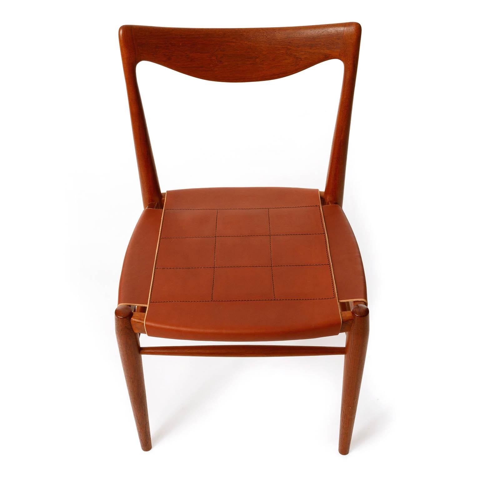 Scandinavian Modern Six 'Bambi' Chairs Rastad & Relling for Gustav Bahus, Cognac Leather Teak, 1950s For Sale