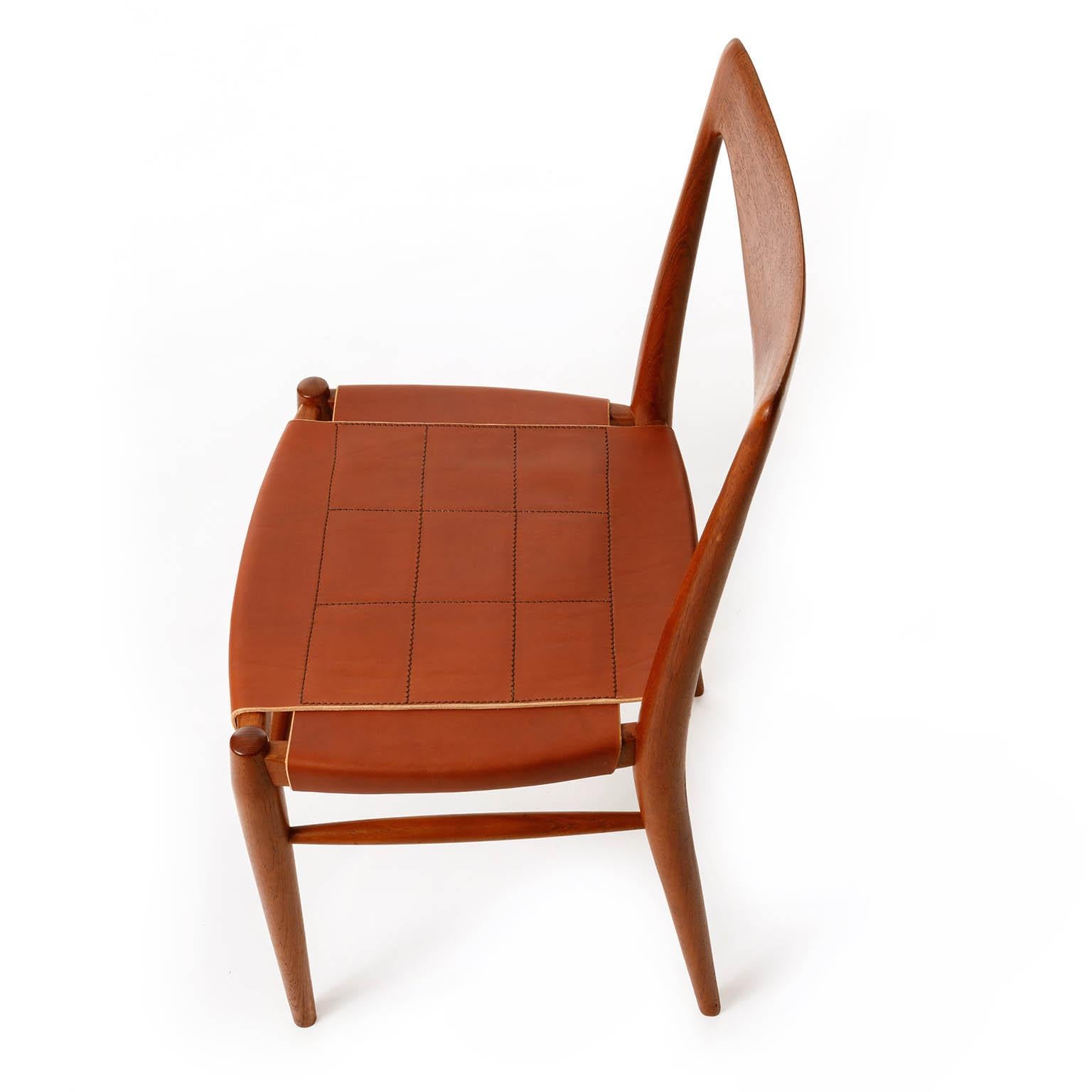 Norwegian Six 'Bambi' Chairs Rastad & Relling for Gustav Bahus, Cognac Leather Teak, 1950s For Sale