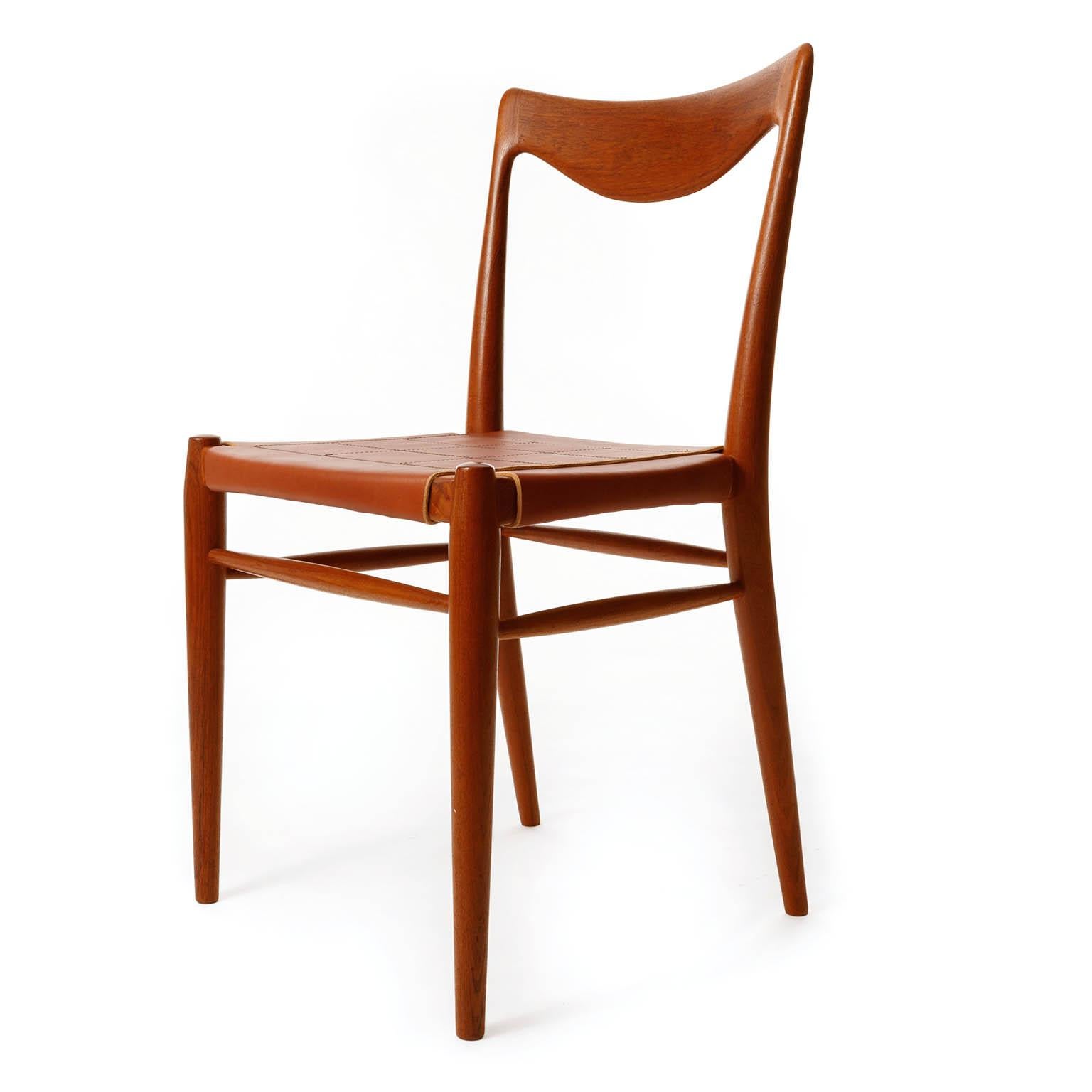 Six 'Bambi' Chairs Rastad & Relling for Gustav Bahus, Cognac Leather Teak, 1950s In Good Condition For Sale In Hausmannstätten, AT