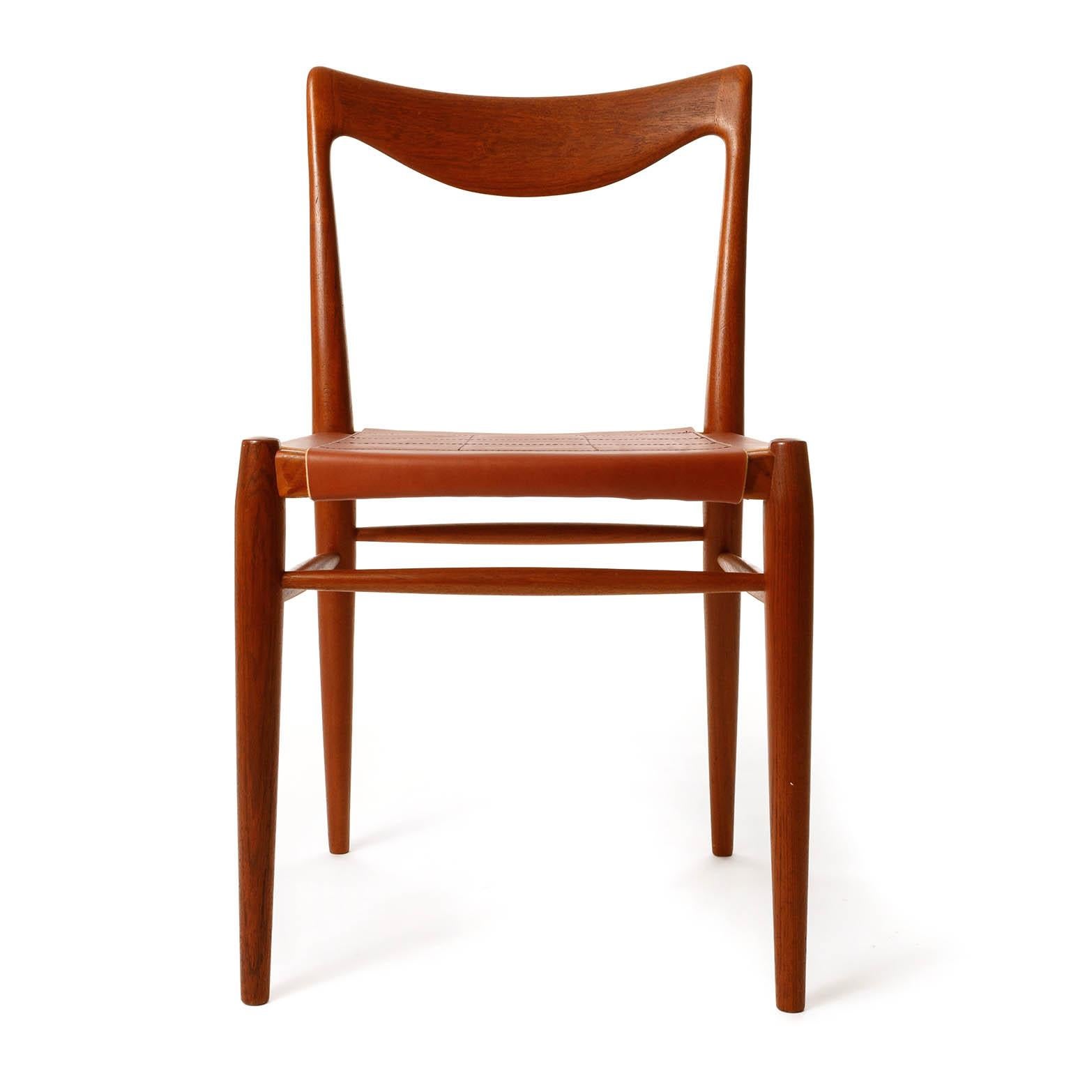 Mid-20th Century Six 'Bambi' Chairs Rastad & Relling for Gustav Bahus, Cognac Leather Teak, 1950s For Sale