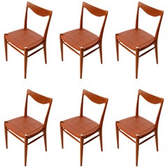 Vintage Six 'Bambi' Chairs Rastad & Relling for Gustav Bahus, Cognac Leather Teak, 1950s