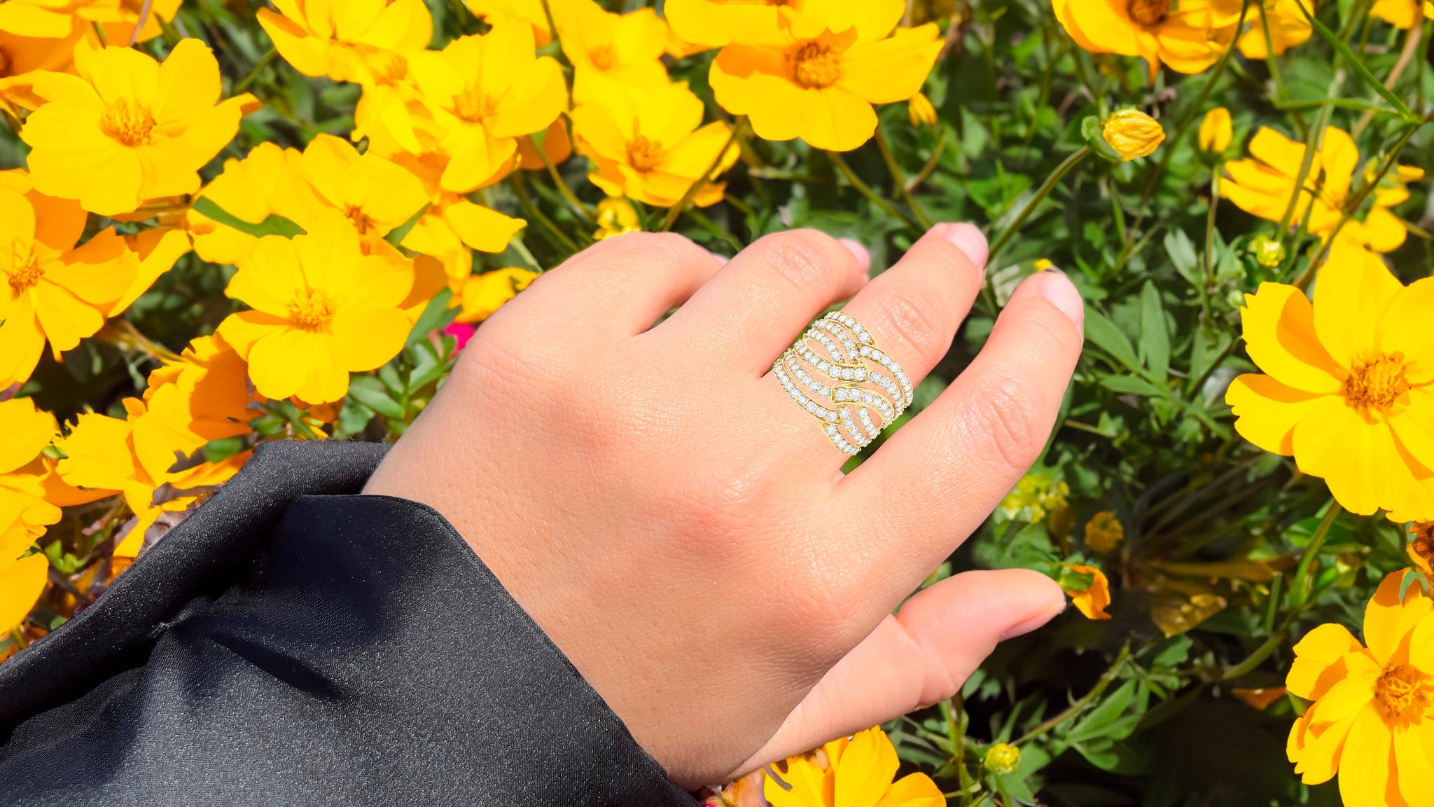 Contemporary Six Band Diamond Bypass Cocktail Ring 3.12 Carats 10K Gold For Sale