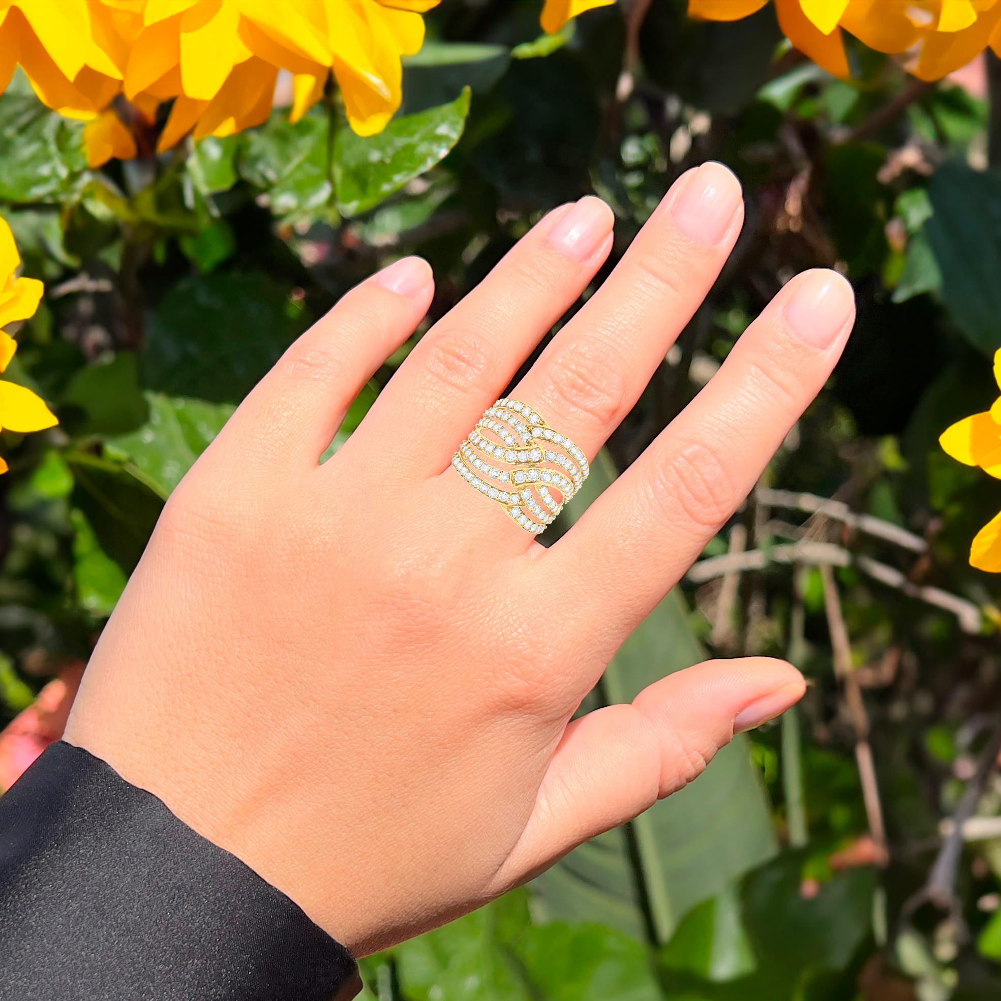 Round Cut Six Band Diamond Bypass Cocktail Ring 3.12 Carats 10K Gold For Sale
