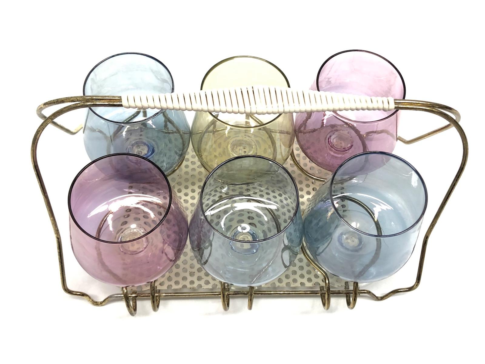 20th Century Six Barware Cognac Snifters Glasses on Mid-Century Modern String Wire Caddy For Sale