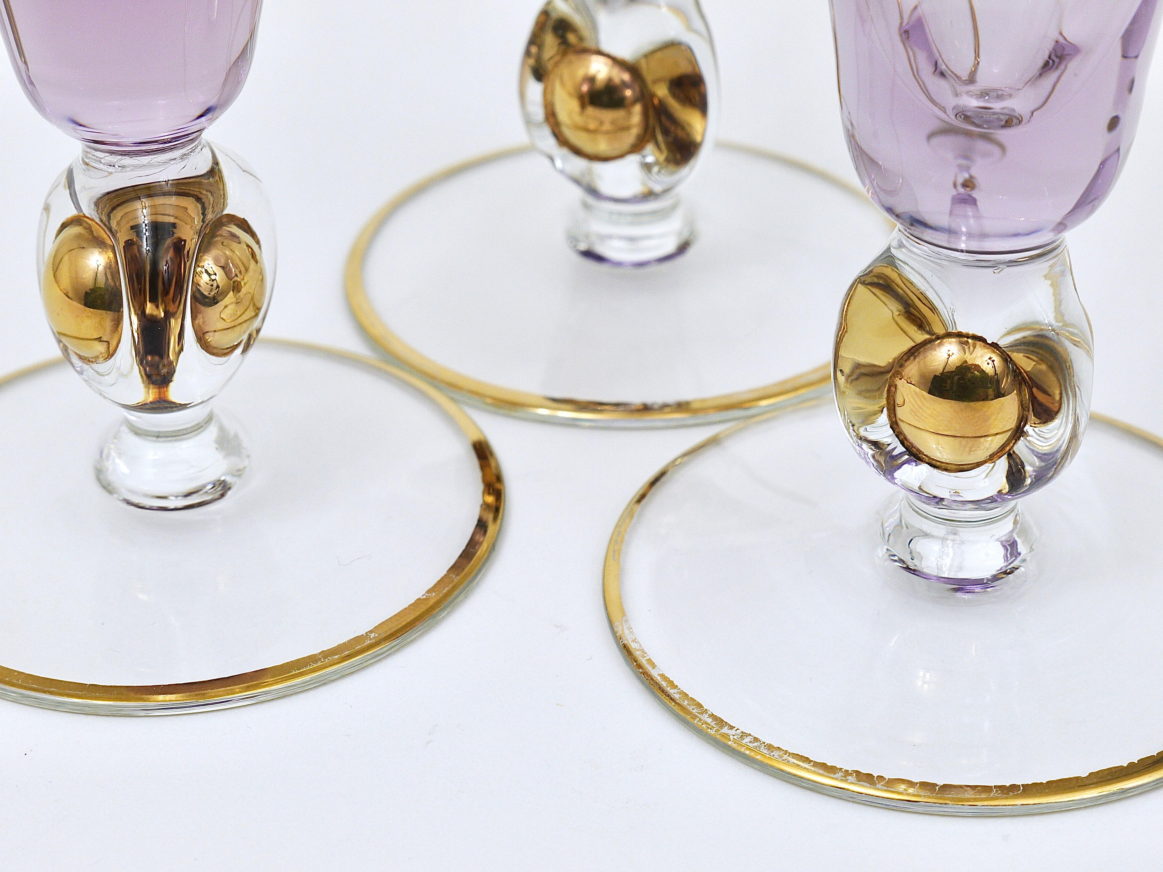 Six Beautiful Danish Lyngby Gold and Purple Champagne Flutes Glasses, 1960s 3