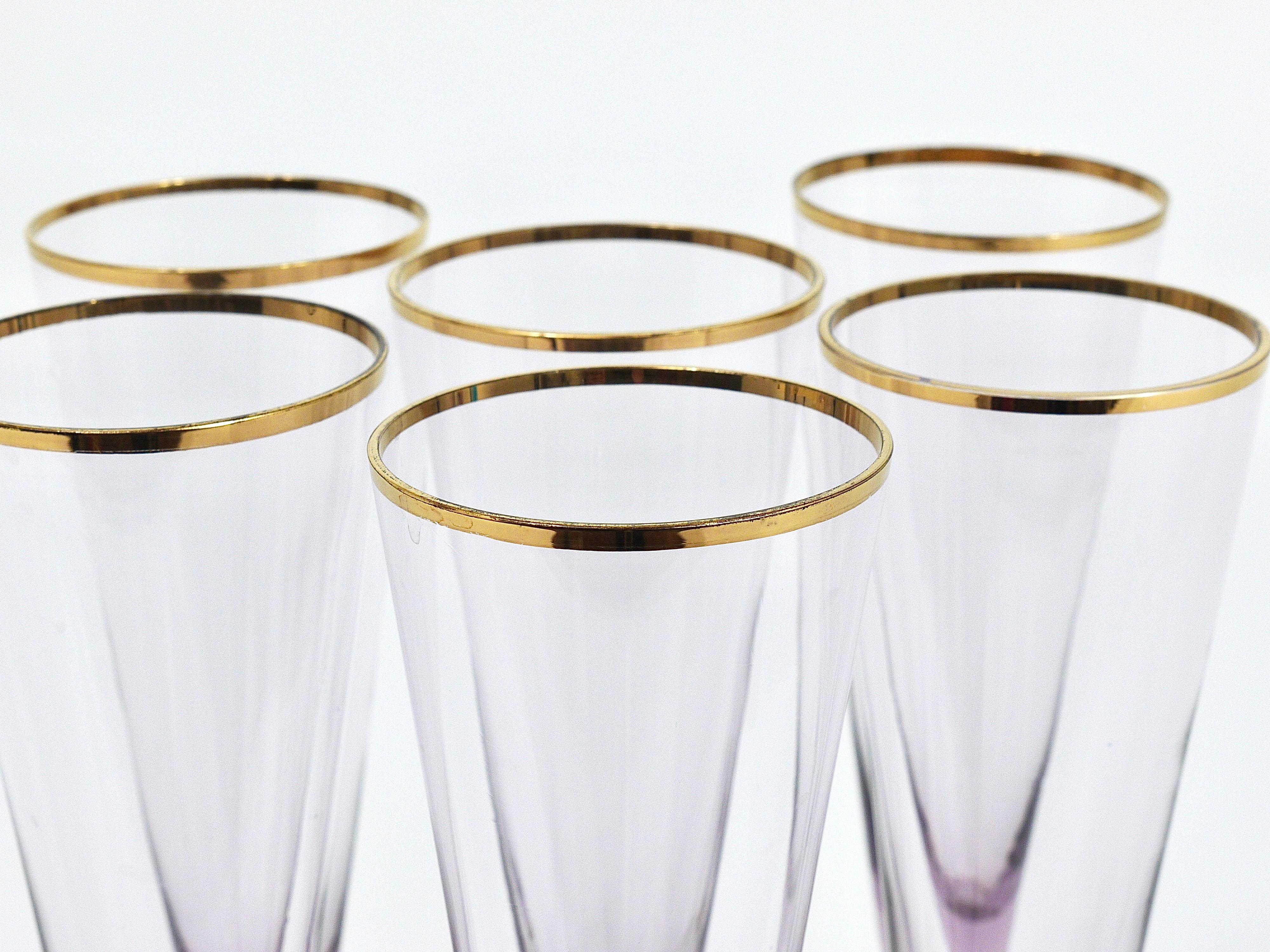 Six Beautiful Danish Lyngby Gold and Purple Champagne Flutes Glasses, 1960s 4