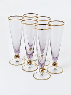 Six Beautiful Danish Lyngby Gold and Purple Champagne Flutes Glasses, 1960s