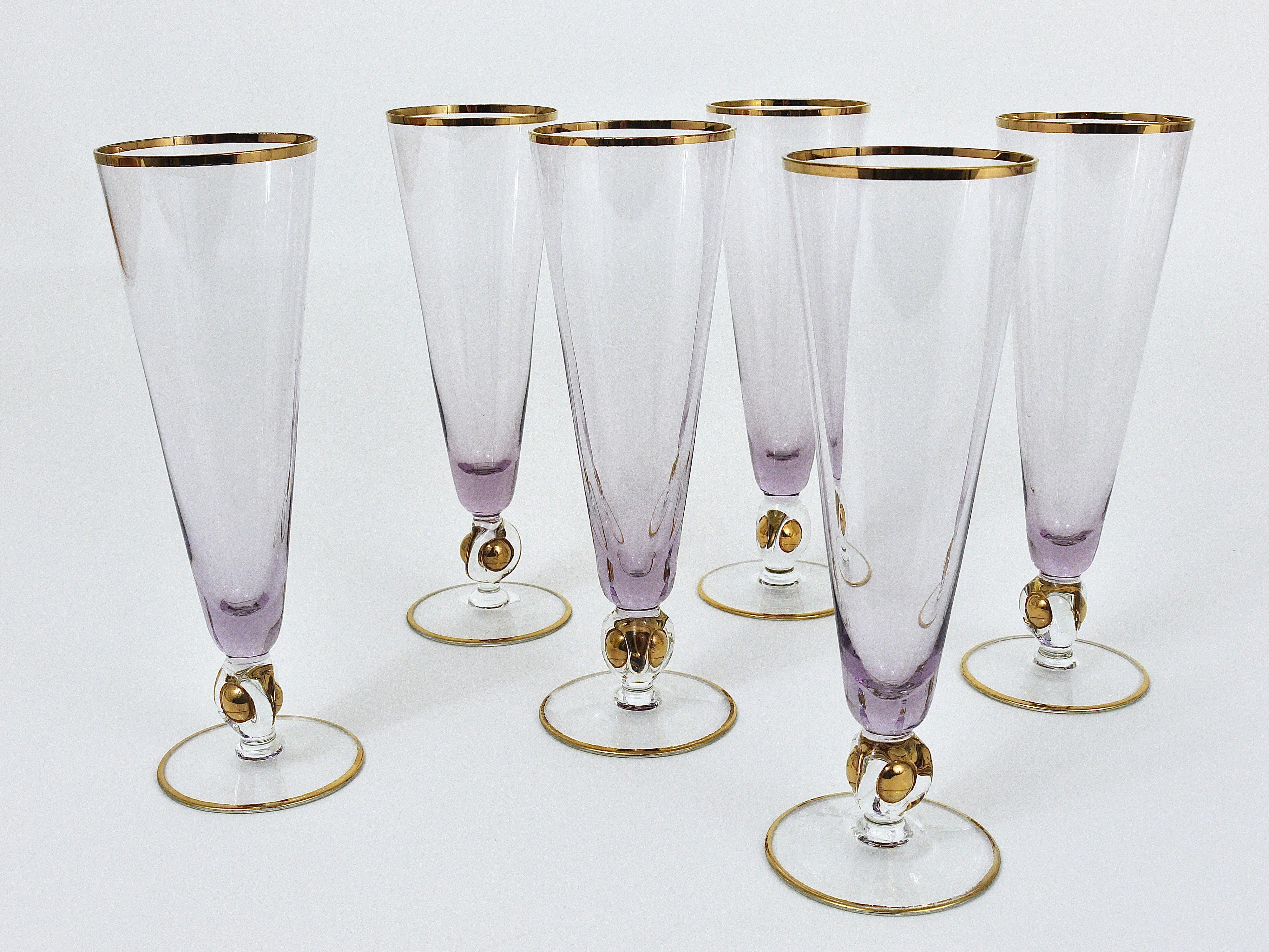 Mid-Century Modern Six Beautiful Danish Lyngby Gold and Purple Champagne Flutes Glasses, 1960s