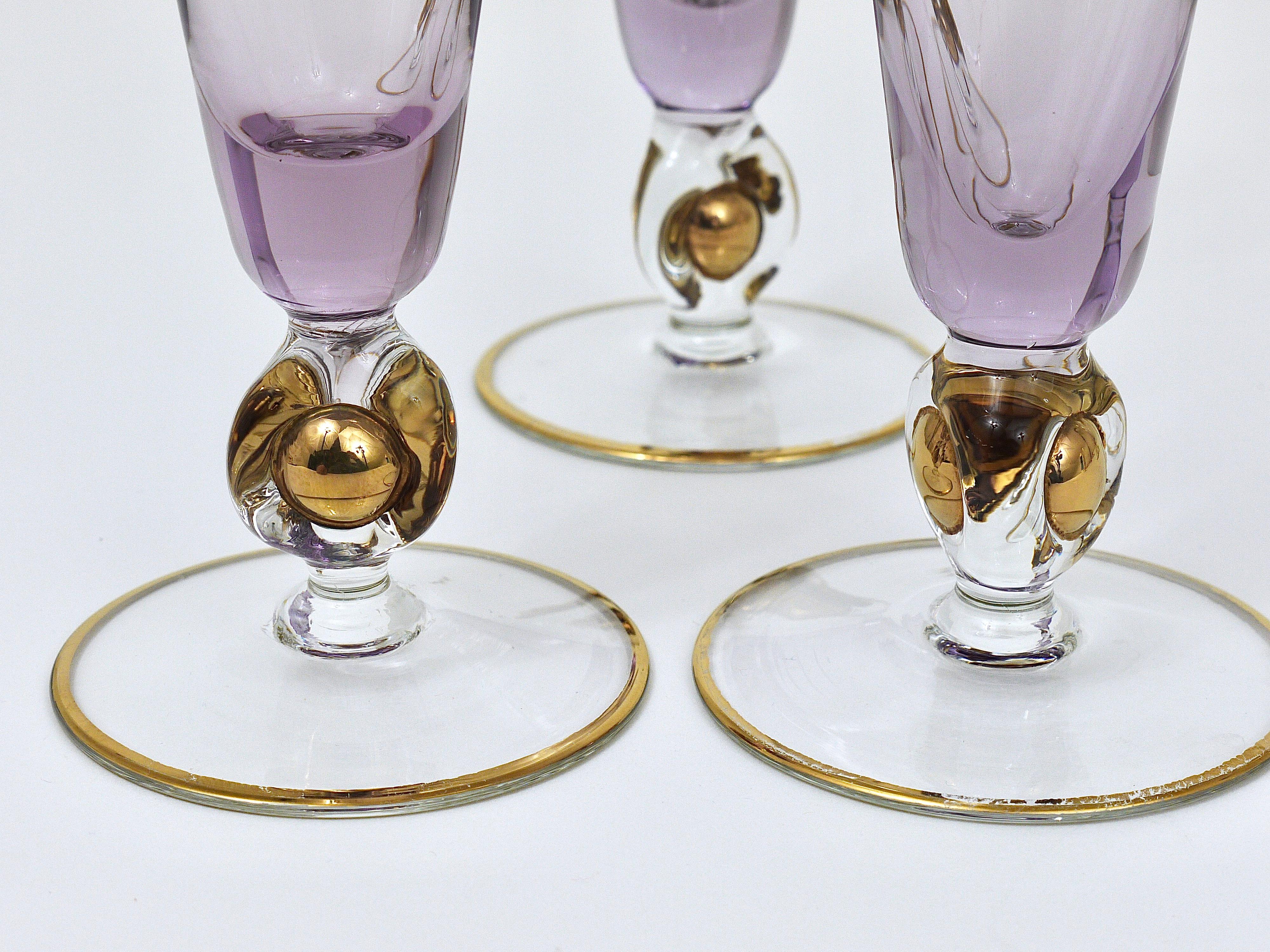 Six Beautiful Danish Lyngby Gold and Purple Champagne Flutes Glasses, 1960s In Good Condition In Vienna, AT