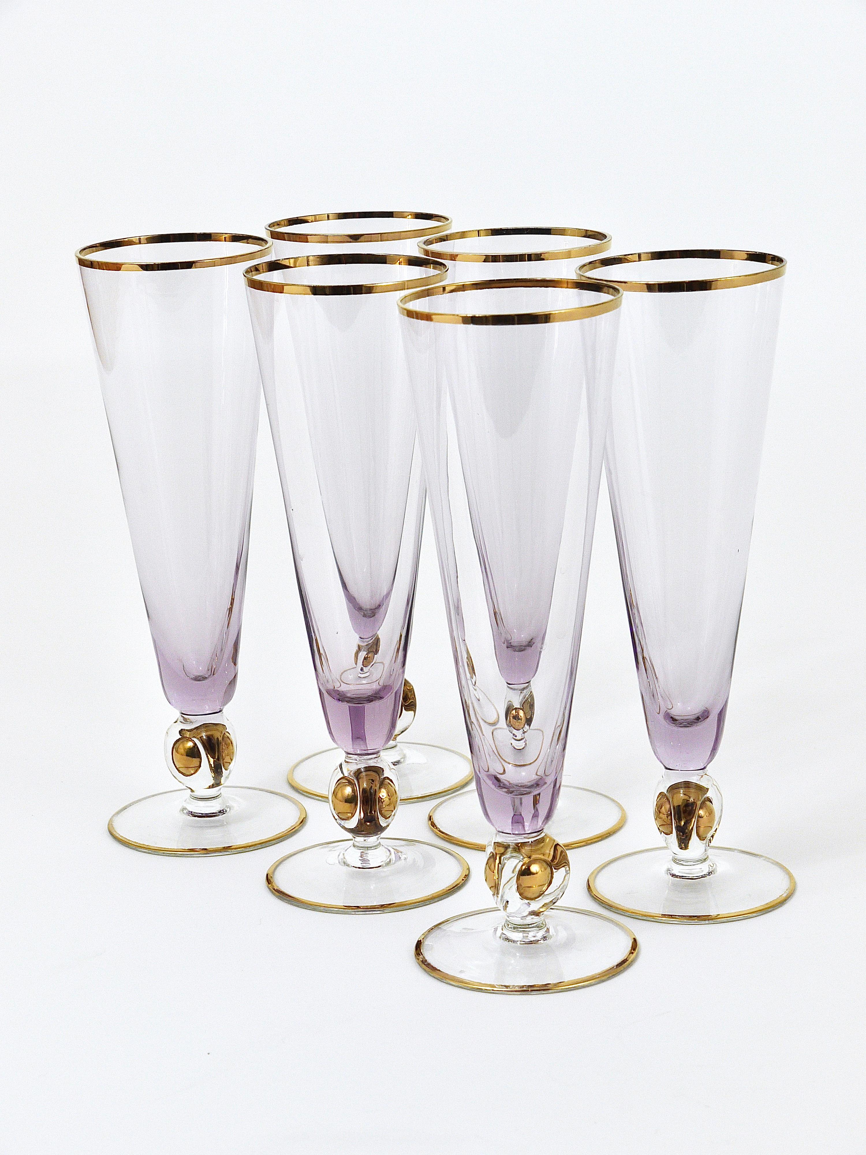 Mid-Century Modern Six Beautiful Danish Lyngby Gold and Purple Champagne Flutes Glasses, 1960s