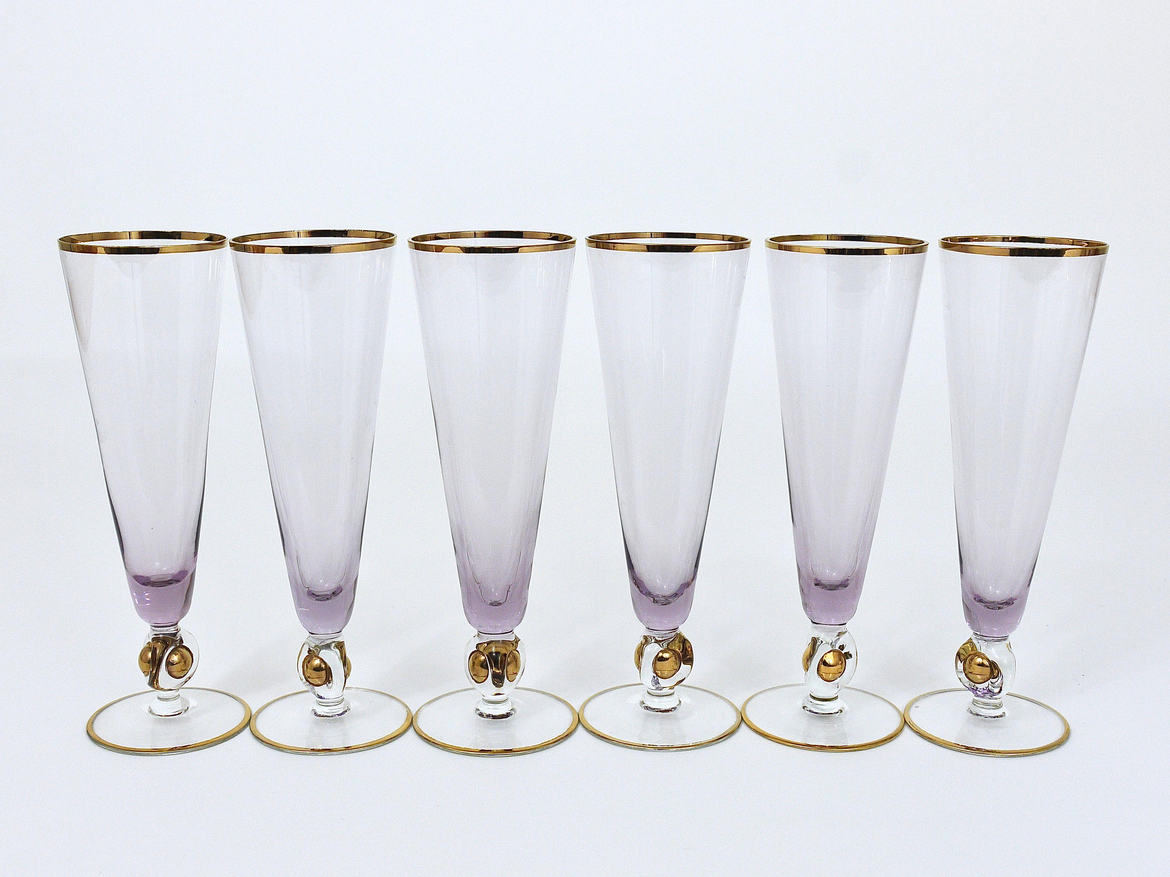 Blown Glass Six Beautiful Danish Lyngby Gold and Purple Champagne Flutes Glasses, 1960s