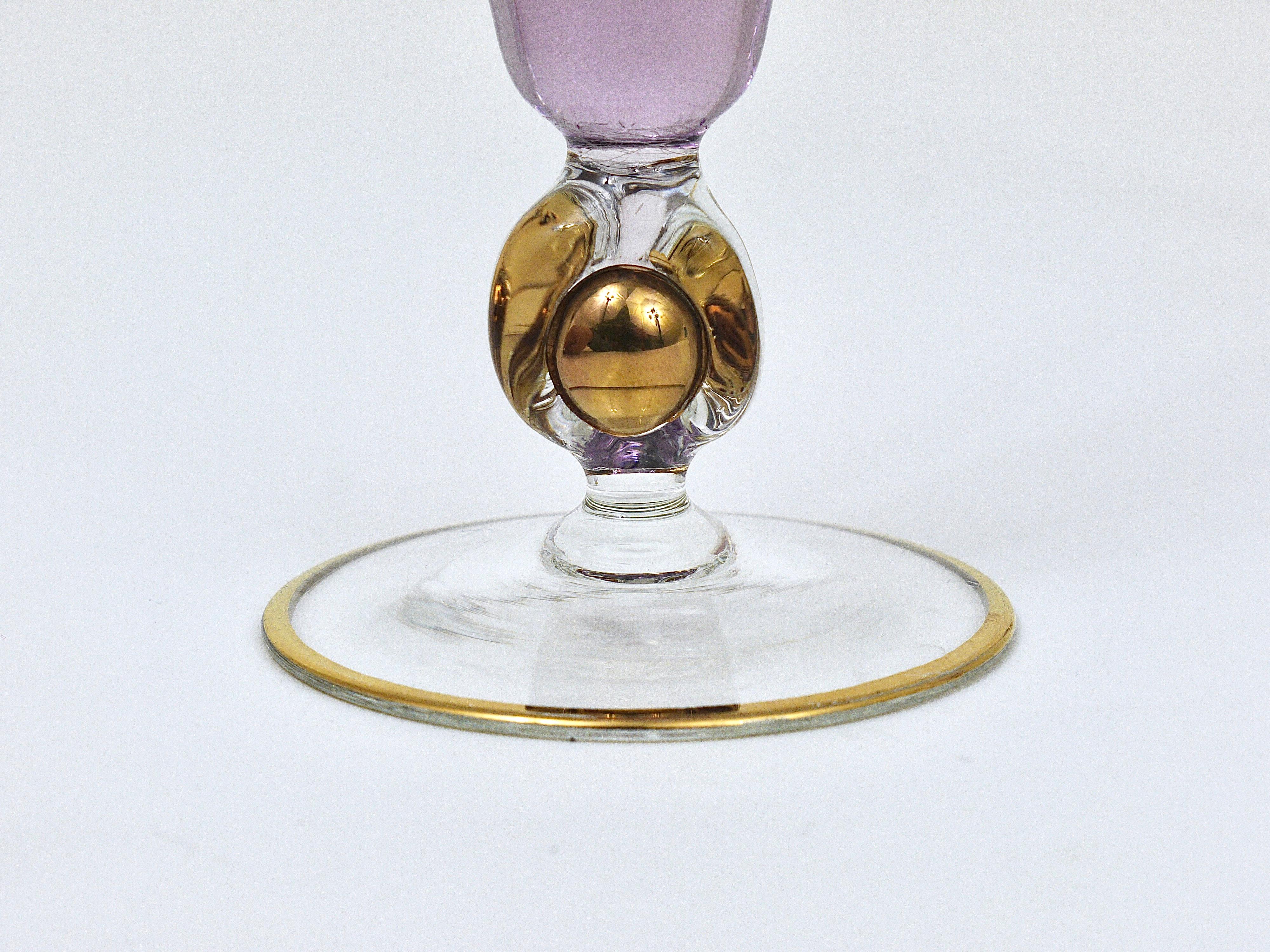 Six Beautiful Danish Lyngby Gold and Purple Champagne Flutes Glasses, 1960s 1