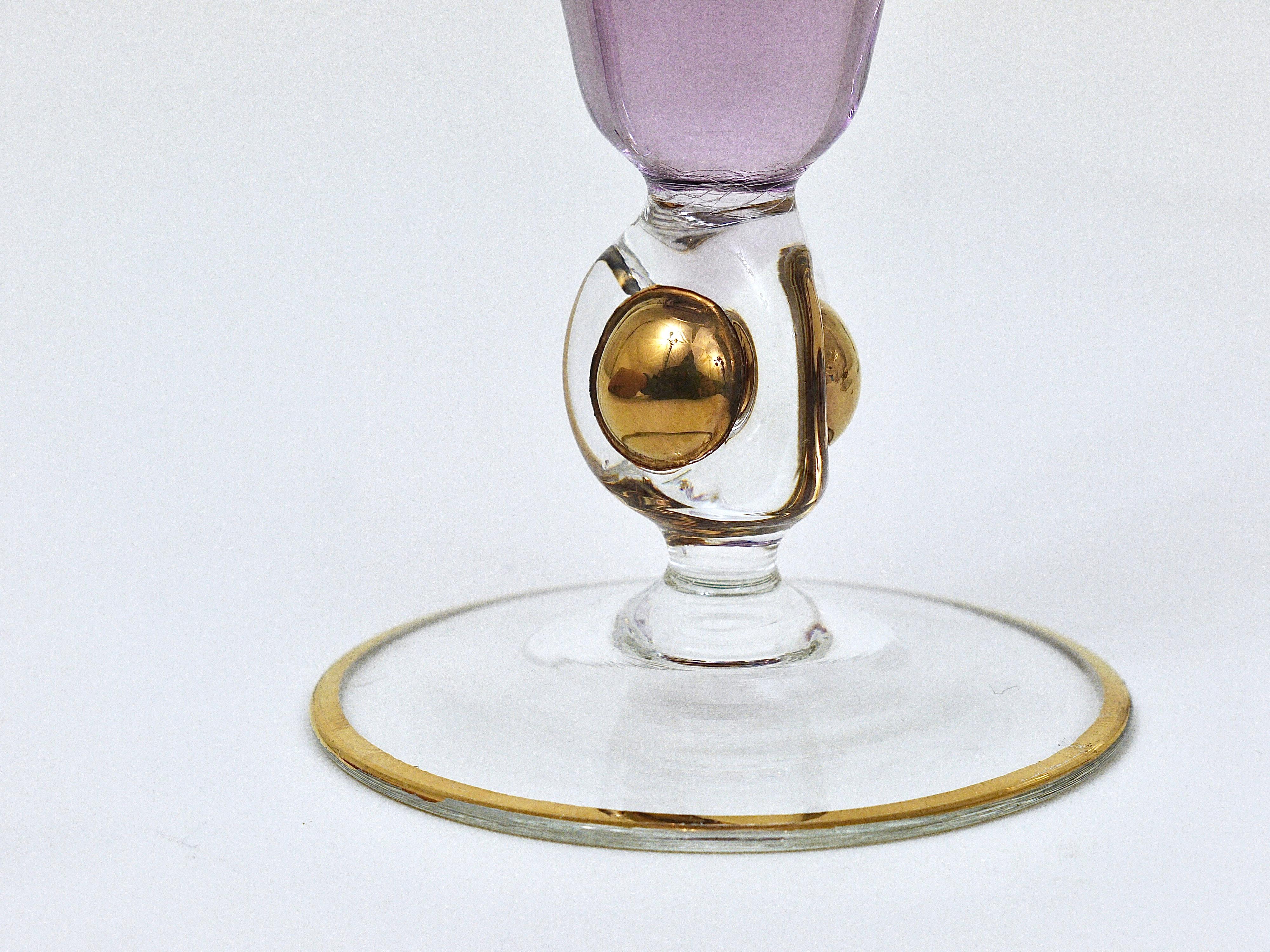 Blown Glass Six Beautiful Danish Lyngby Gold and Purple Champagne Flutes Glasses, 1960s