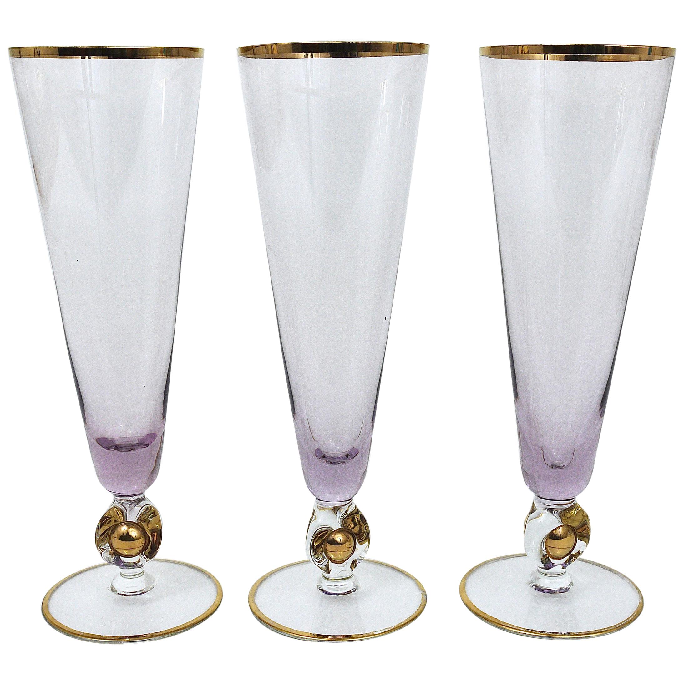 Six Beautiful Danish Lyngby Gold and Purple Champagne Flutes Glasses, 1960s