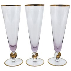 Vintage Six Beautiful Danish Lyngby Gold and Purple Champagne Flutes Glasses, 1960s