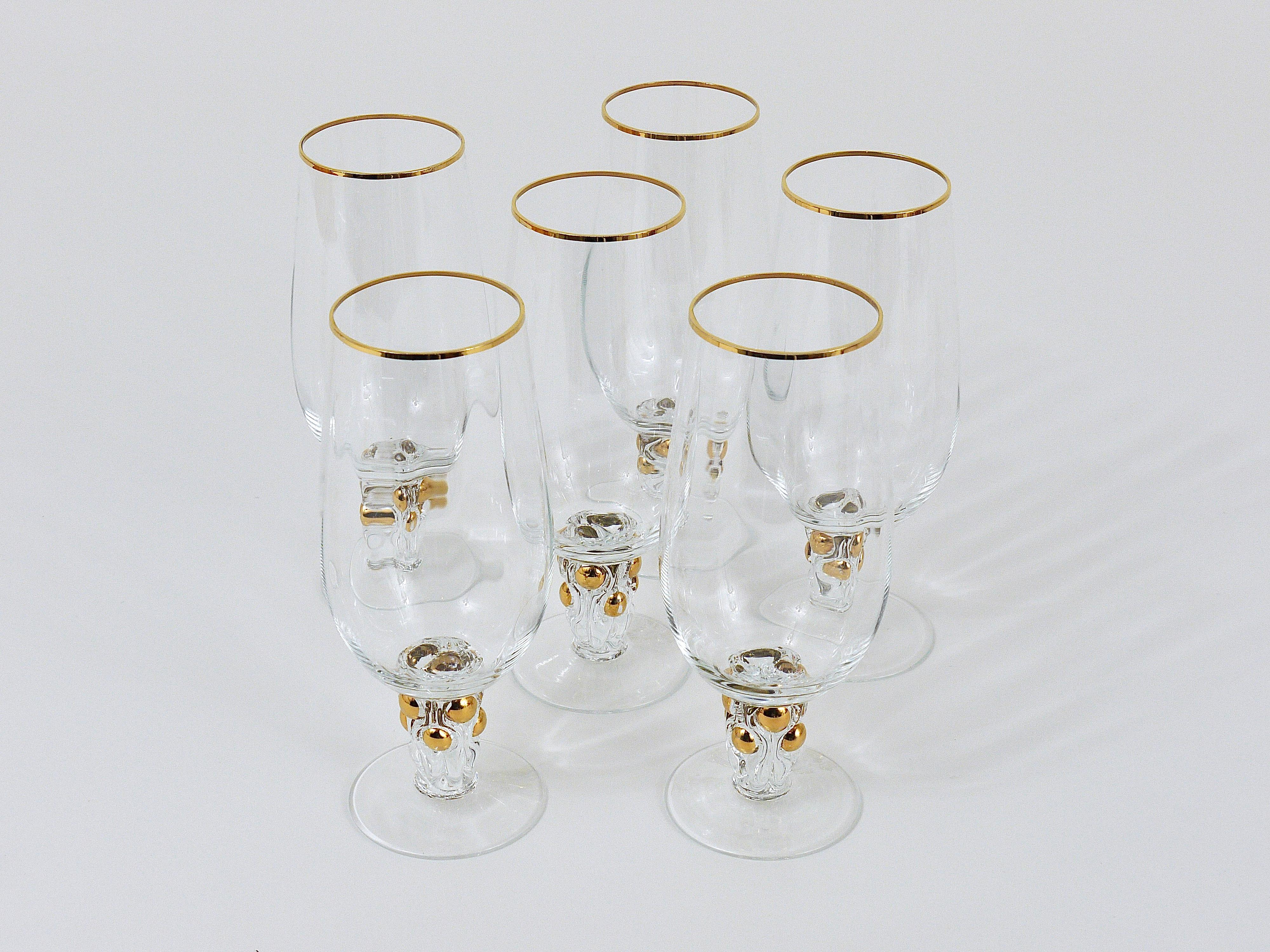 Blown Glass Six Beautiful Danish Lyngby Gold Drinking Glasses, 1960s