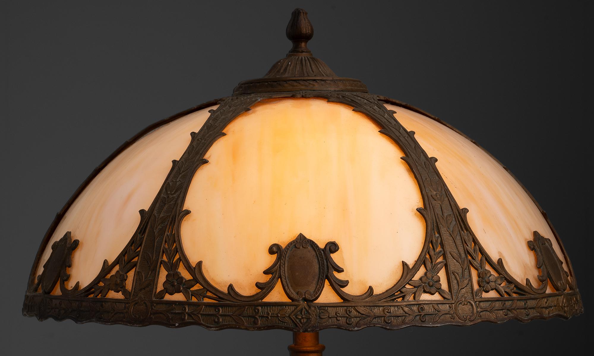 Art Nouveau Six Bent Panel Metal Overlay Slag Glass Lamp, America circa 1920