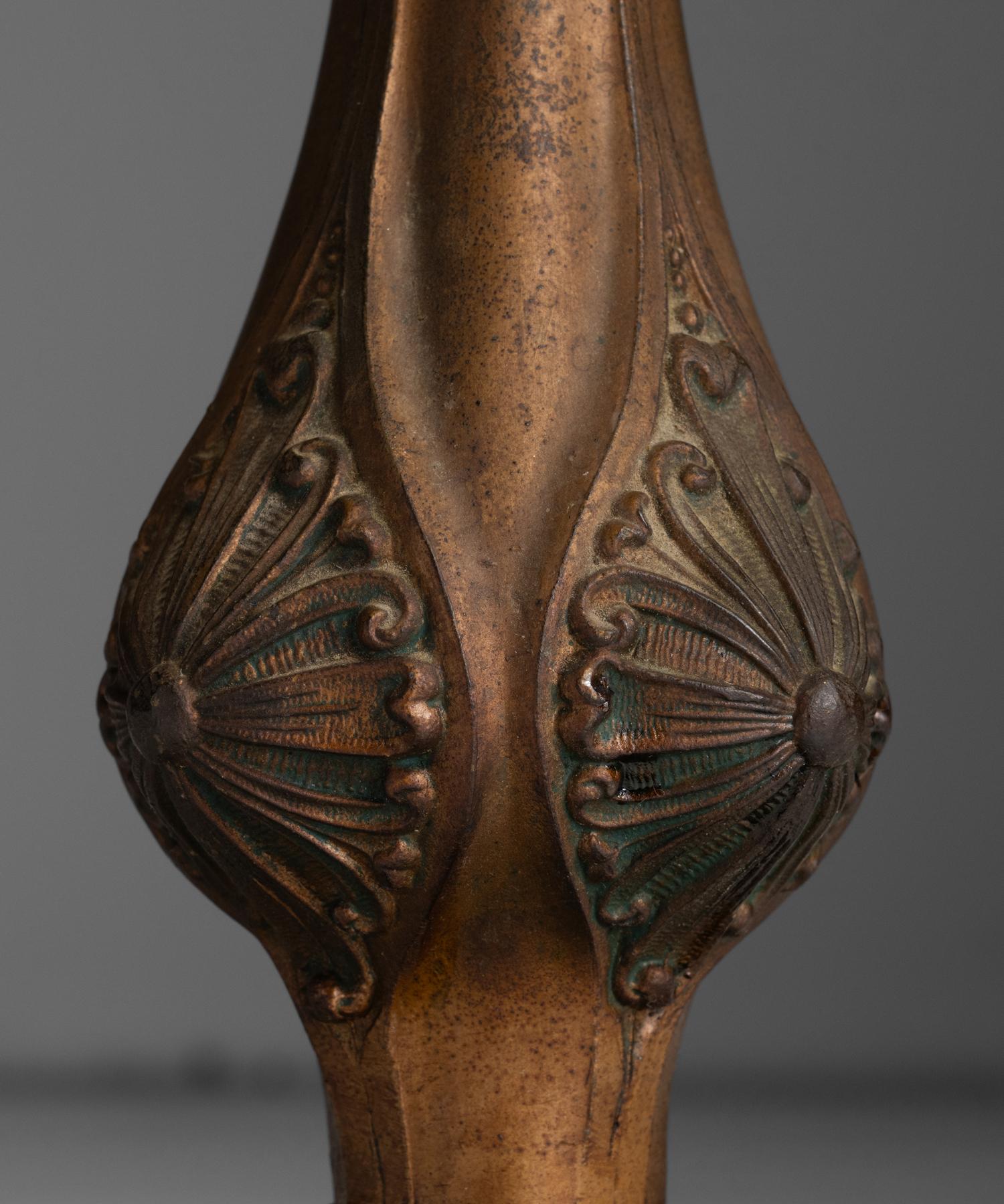 Early 20th Century Six Bent Panel Metal Overlay Slag Glass Lamp, America circa 1920