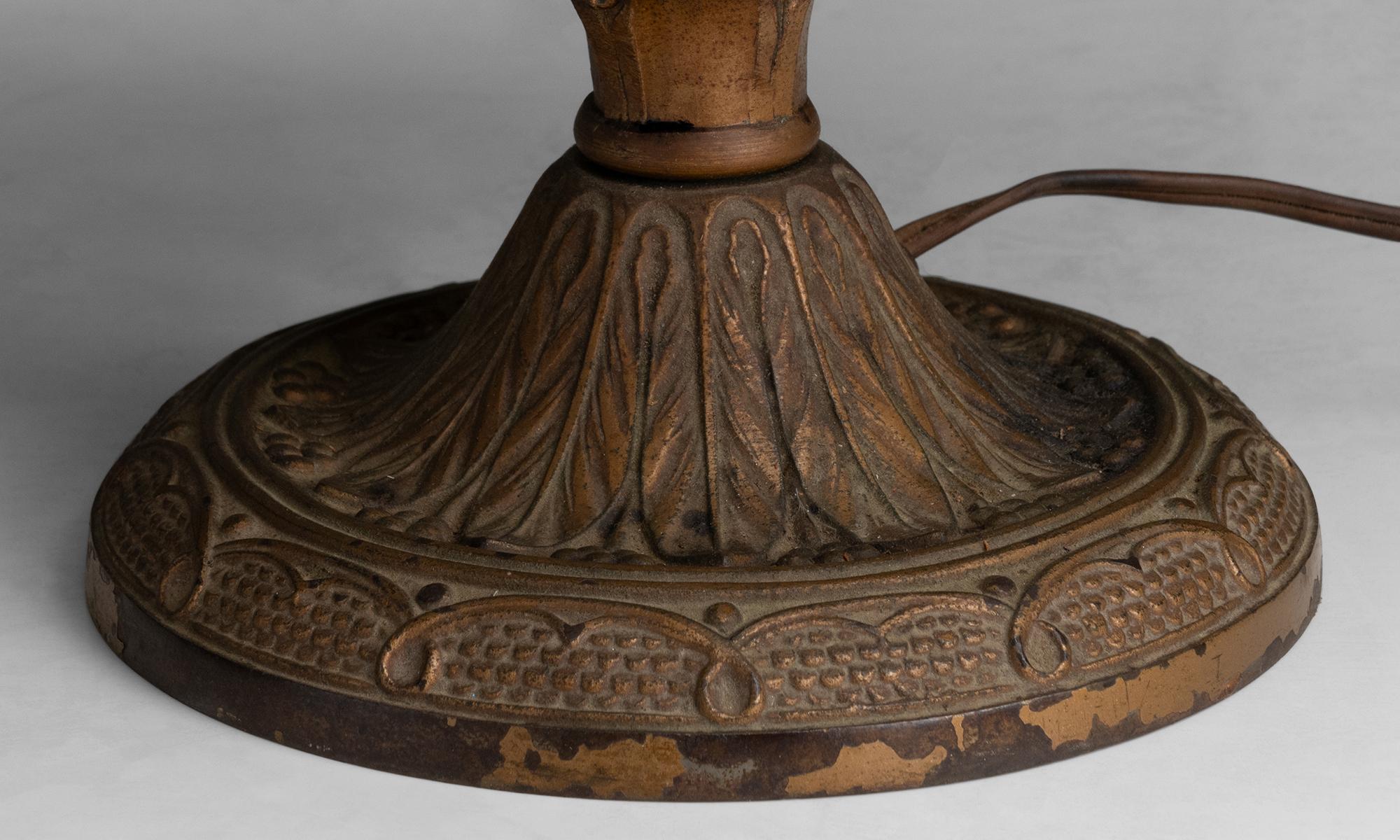 Brass Six Bent Panel Metal Overlay Slag Glass Lamp, America circa 1920
