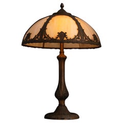 Six Bent Panel Metal Overlay Slag Glass Lamp, America circa 1920