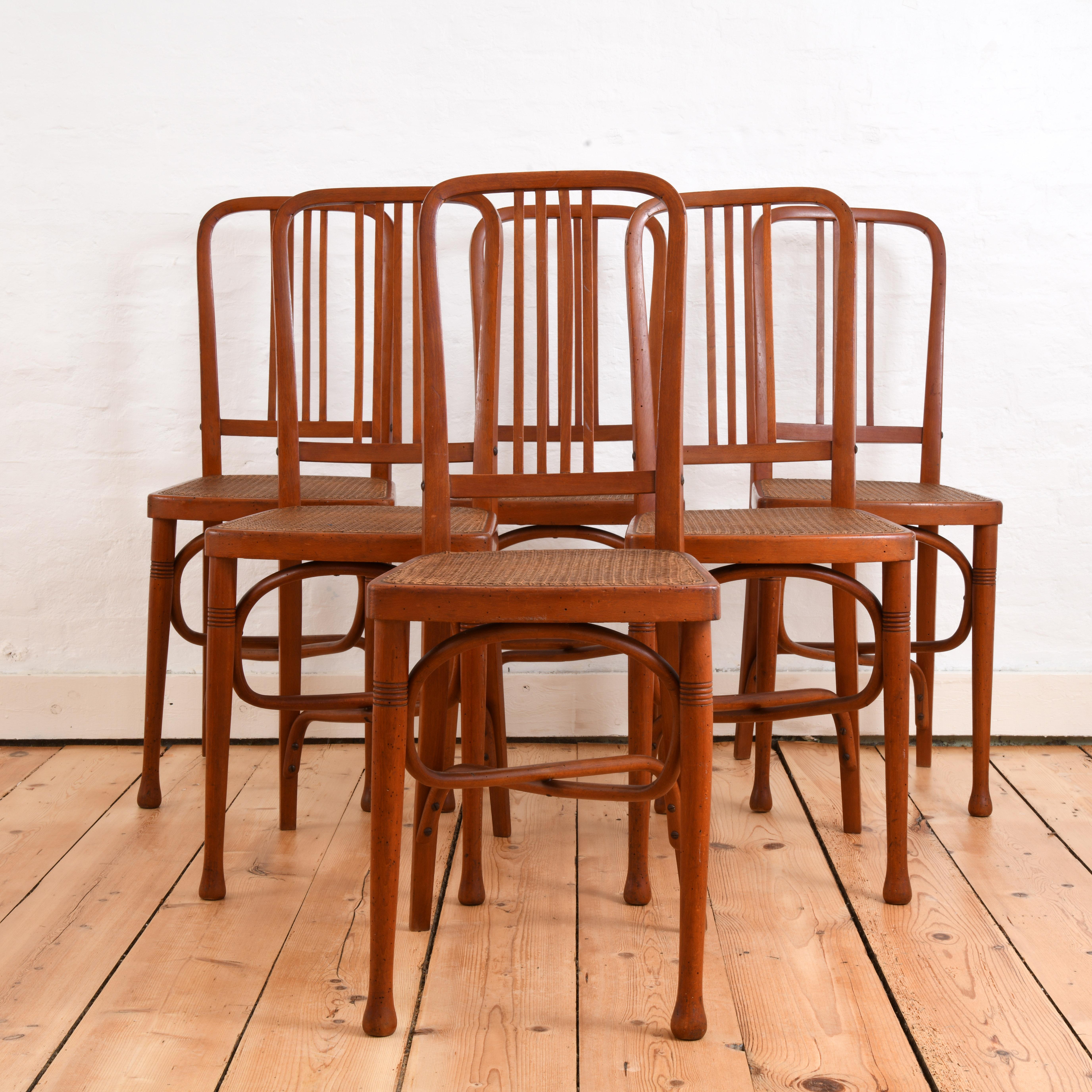 Art Nouveau Six bentwood chairs with cane seats early 20th century in the style of Thonet For Sale