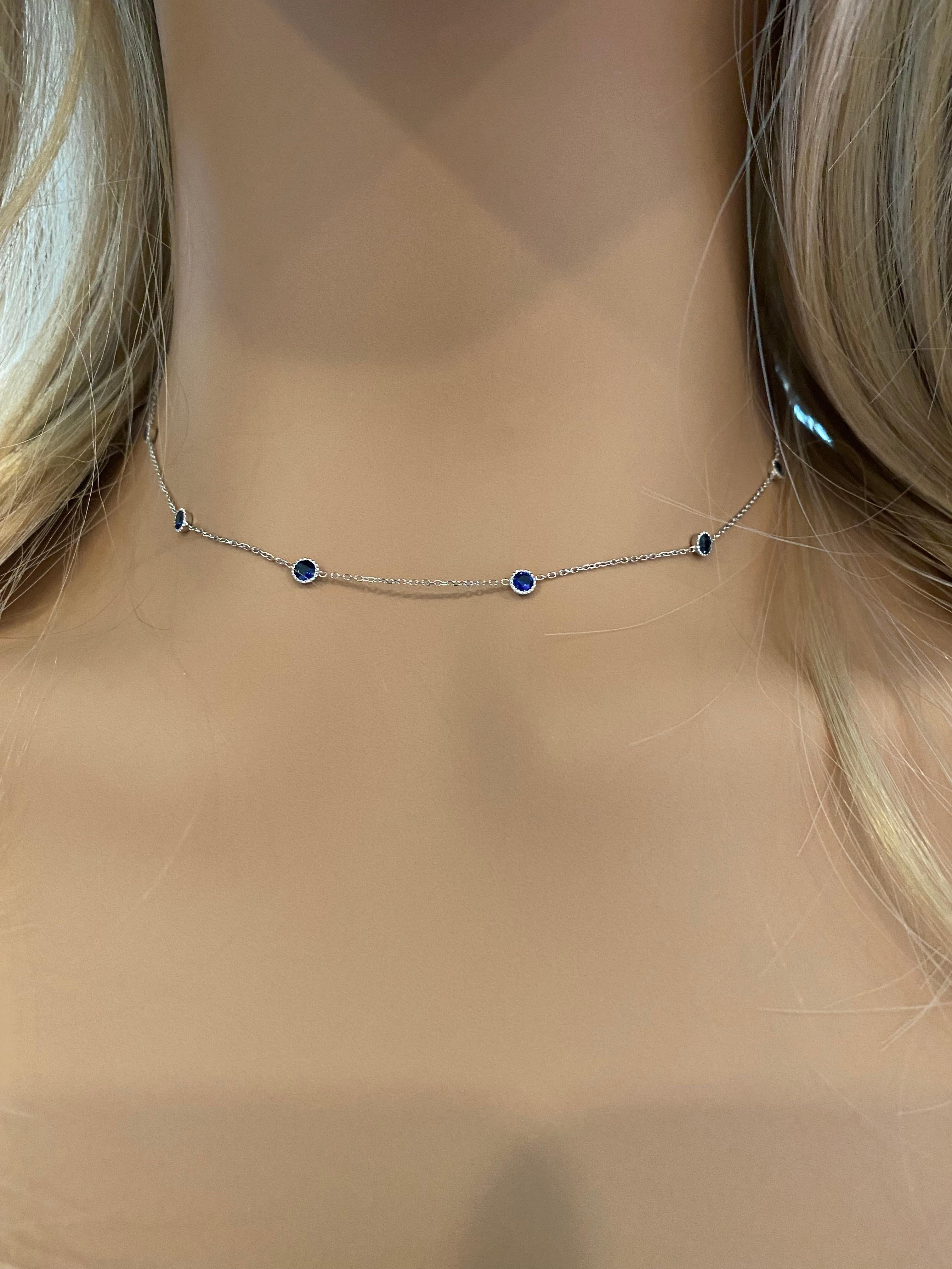 Six Bezel-Set Round Sapphire White Gold Necklace Weighing 1.05 Carat In New Condition In New York, NY