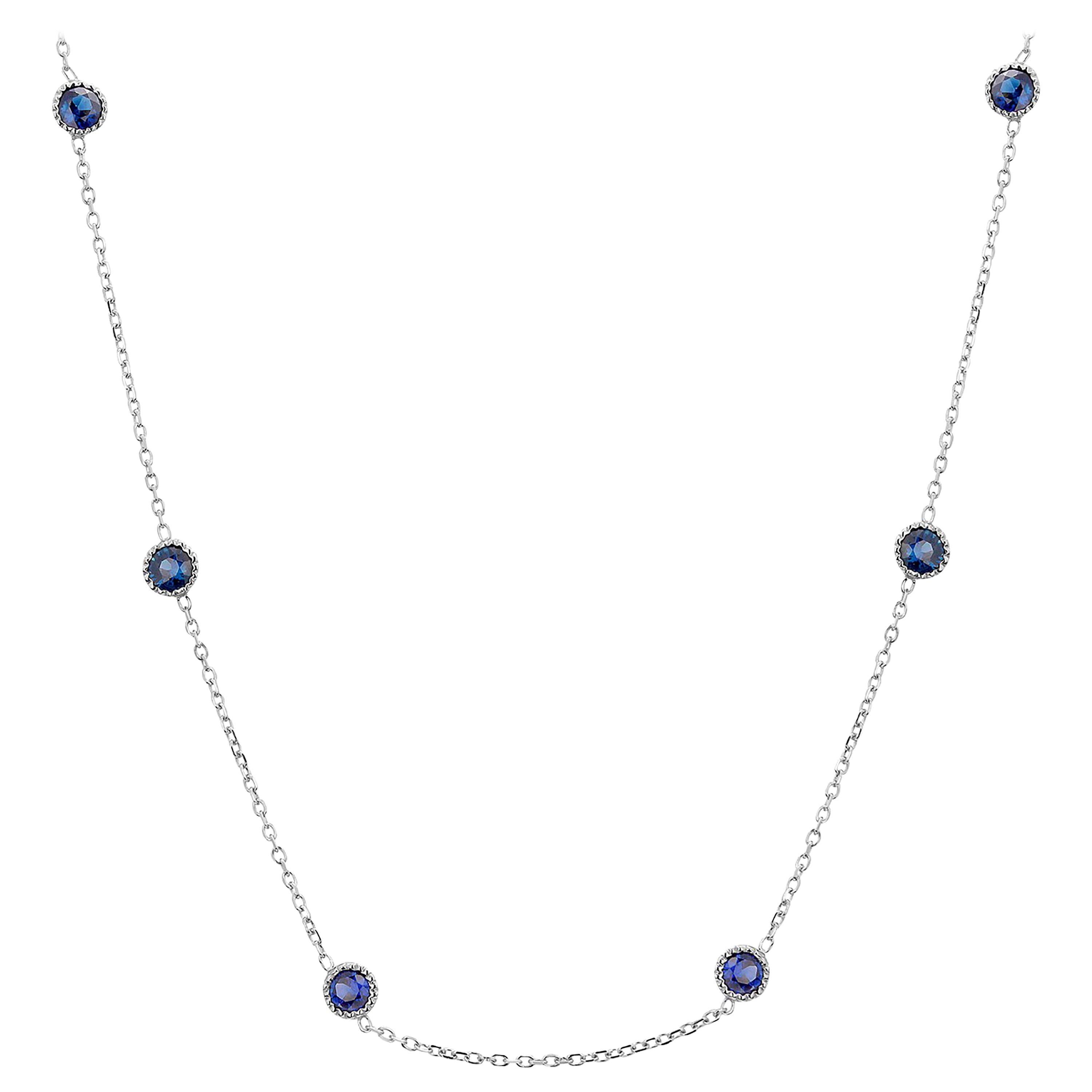 Six Bezel-Set Round Sapphire White Gold Necklace Weighing 1.05 Carat