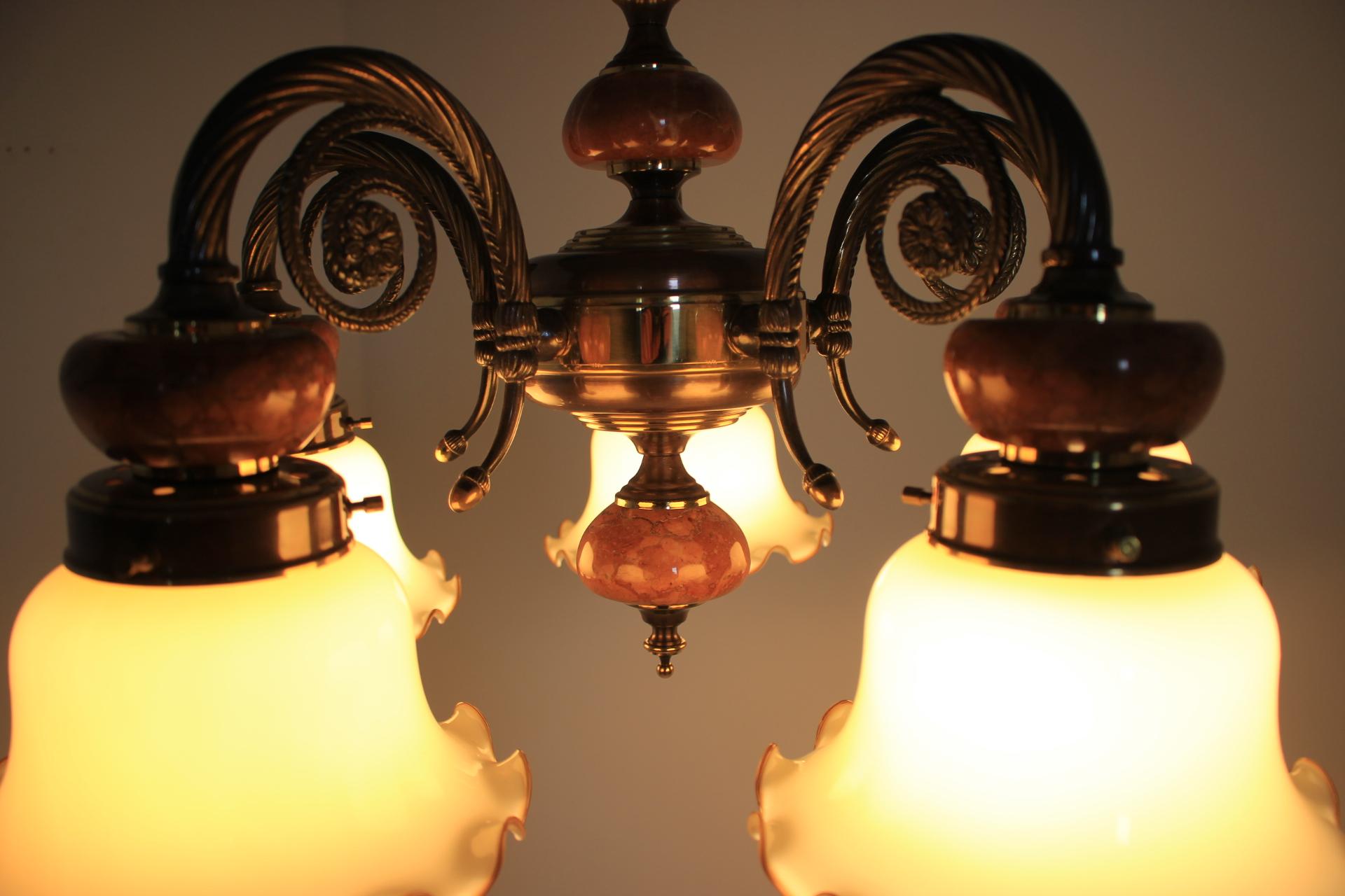 Mid-Century Modern Five Big Brass and Marble Chandeliers, Germany 1980s For Sale