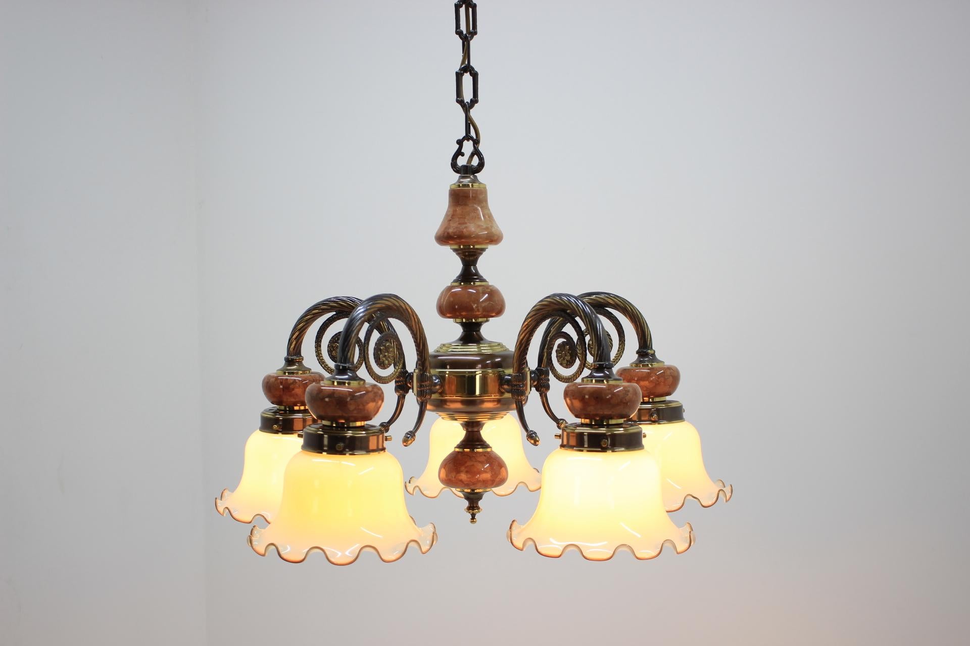 Czech Five Big Brass and Marble Chandeliers, Germany 1980s For Sale