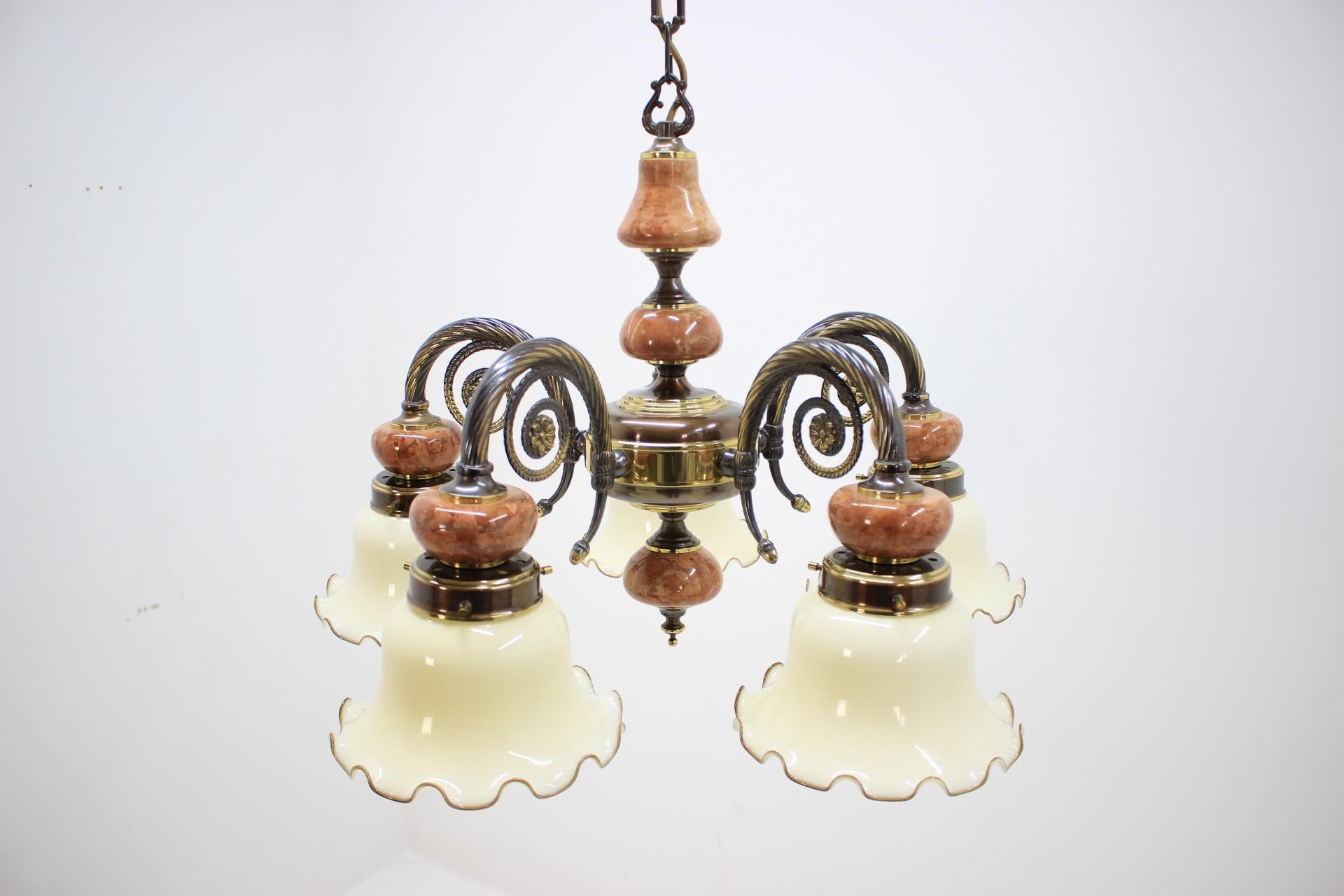 Late 20th Century Five Big Brass and Marble Chandeliers, Germany 1980s For Sale