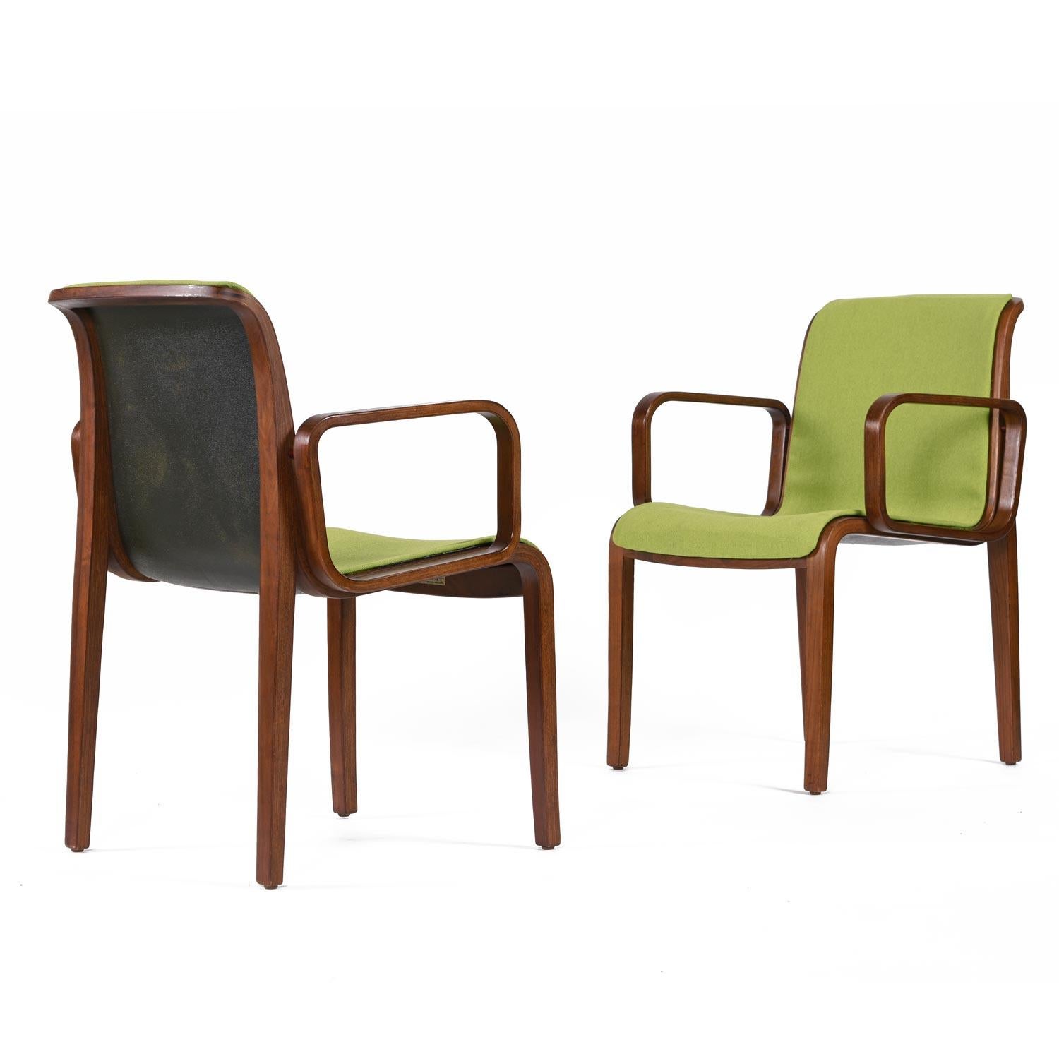 Captivating set of six Bill Stephens for Knoll 1305-U armchairs. The Post-Modern armchairs build upon the technology pioneered by Thonet. The bent wood is layers of steamed strips of teak wood bent, and laminated, over a form to create one solid