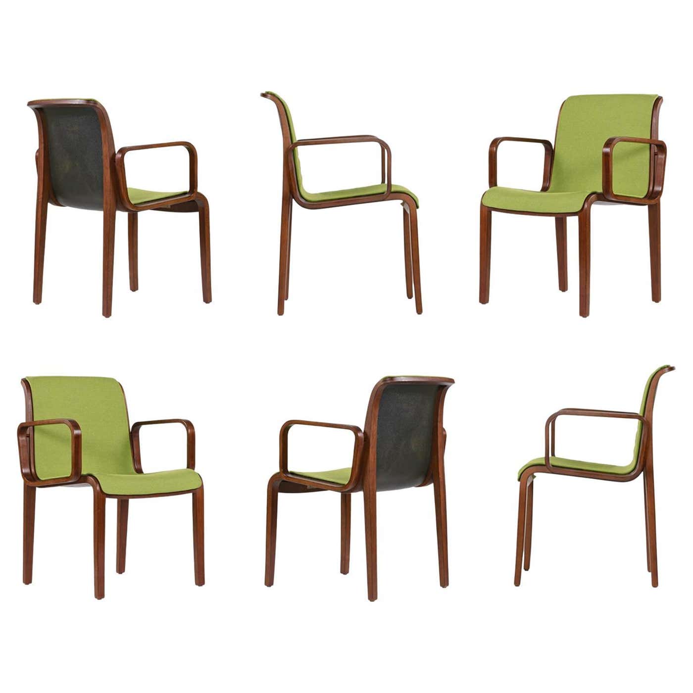 Six Bill Stephens for Knoll 1305U Lime Green Bentwood Teak Armchairs