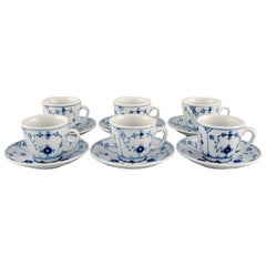 Six Bing & Grondahl Blue Fluted Hotel Coffee Cups with Saucers