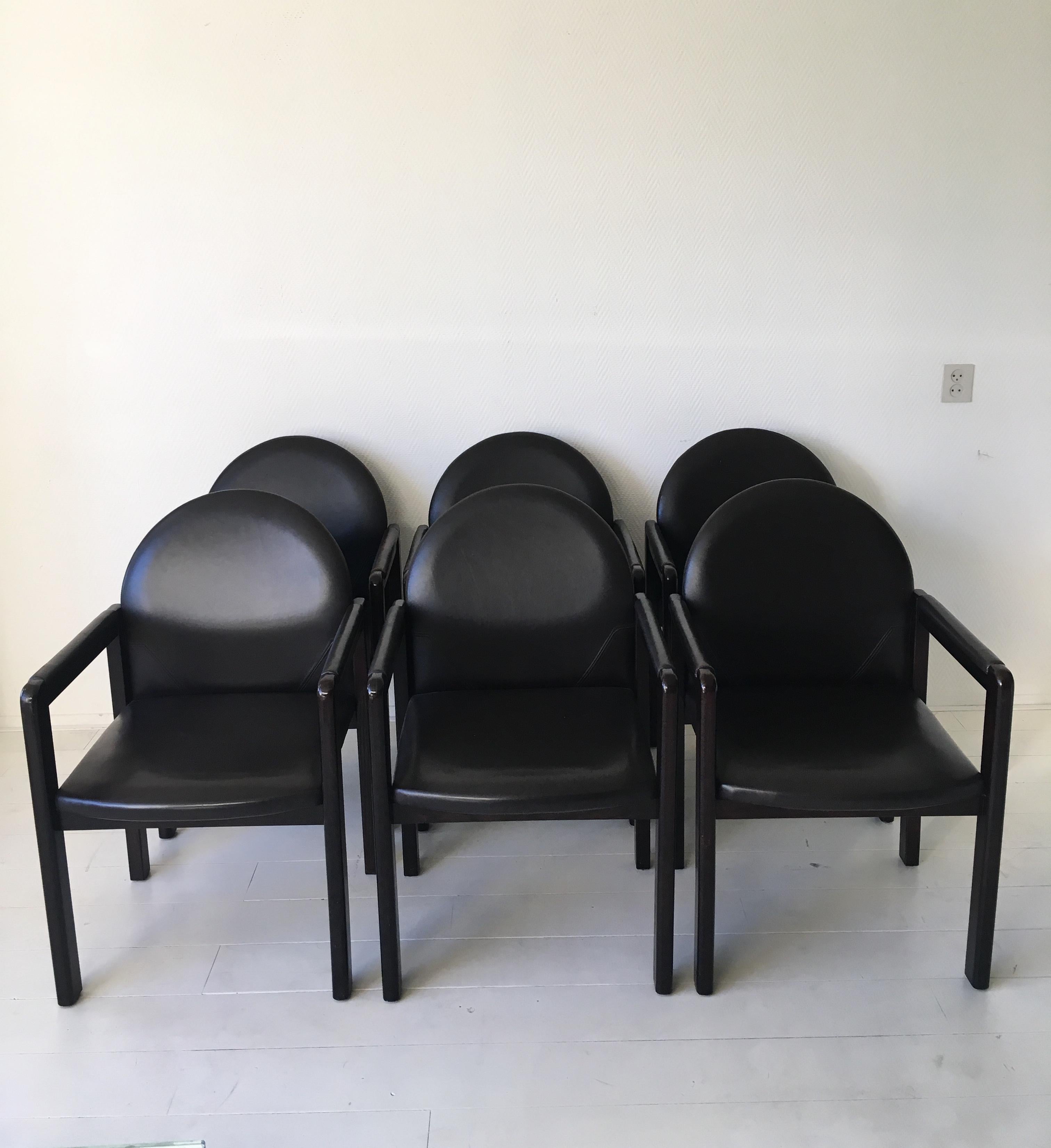 Post-Modern Six Black Leather and Wood Armchairs by Bulo For Sale