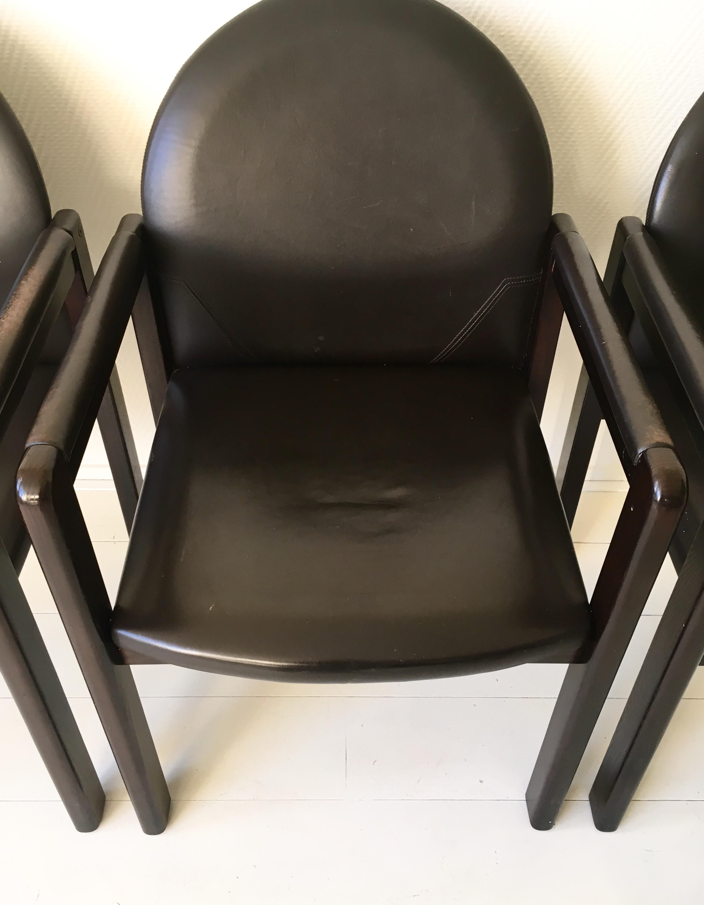Six Black Leather and Wood Armchairs by Bulo For Sale 9