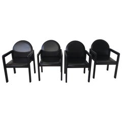 Six Black Leather and Wood Armchairs by Bulo