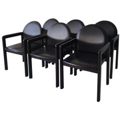 Retro Six Black Leather and Wood Armchairs by Bulo