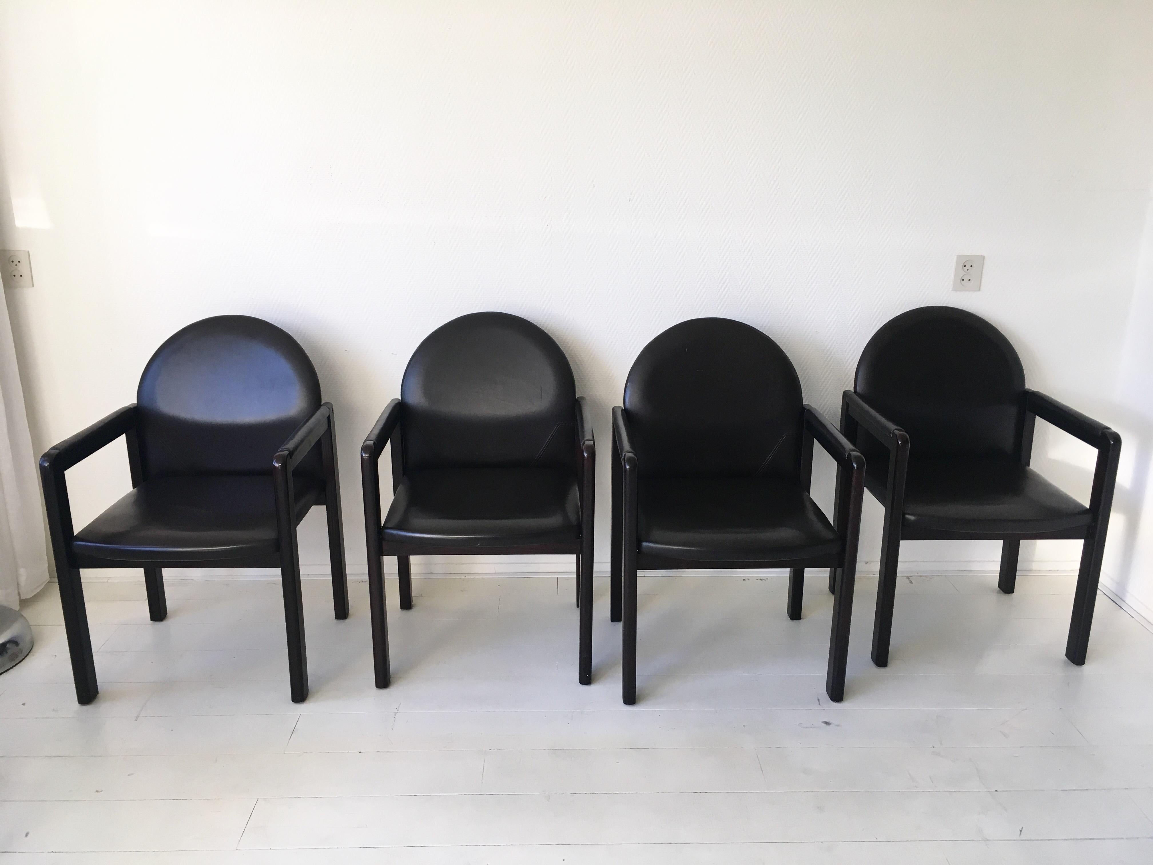 Belgian Six Black Leather and Wood Armchairs by Bulo For Sale