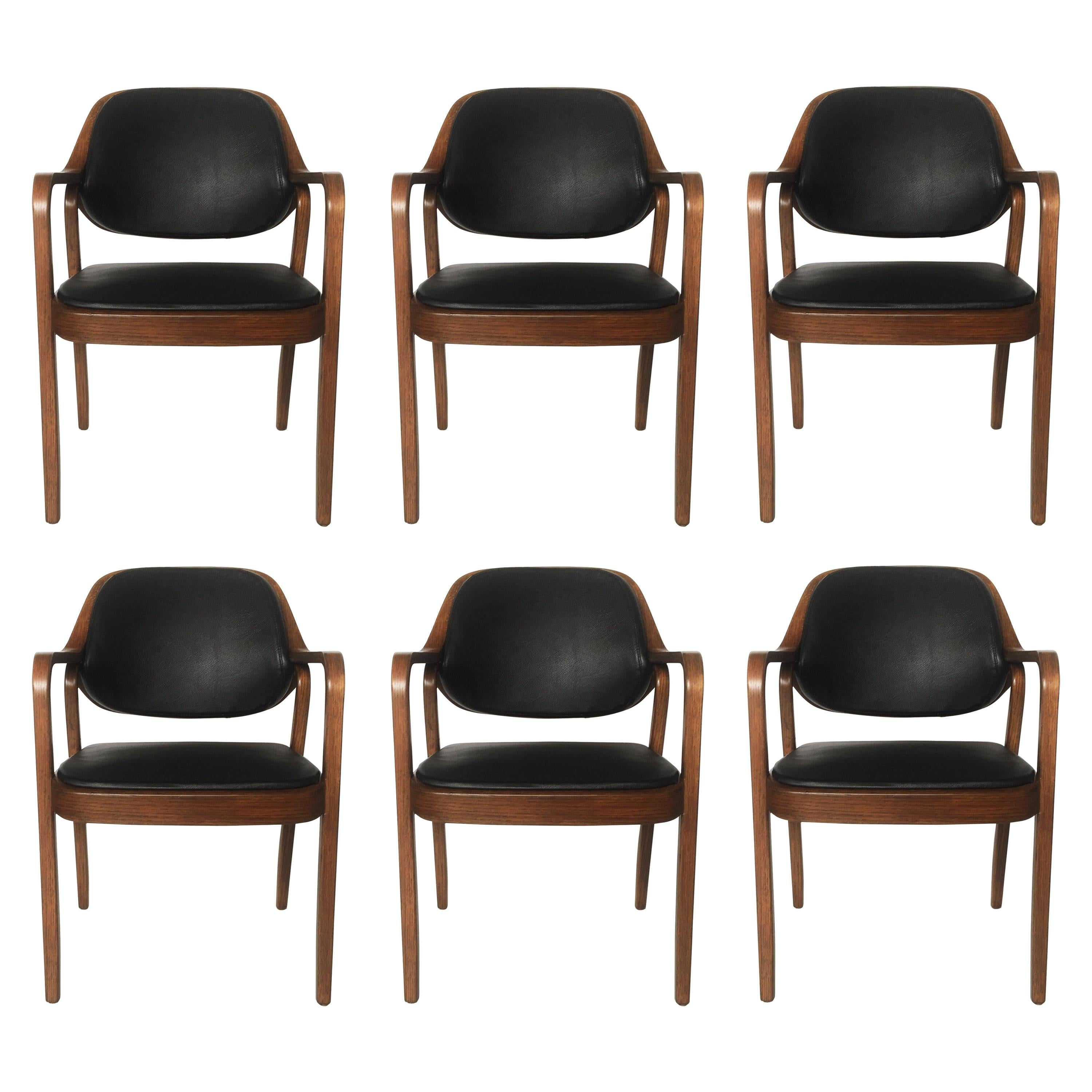 Six Black Leather Bentwood Armchairs by Don Petitt for Knoll