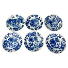 Used Six Blue and White Chinese Porcelain Dishes Kangxi Era Made c-1700