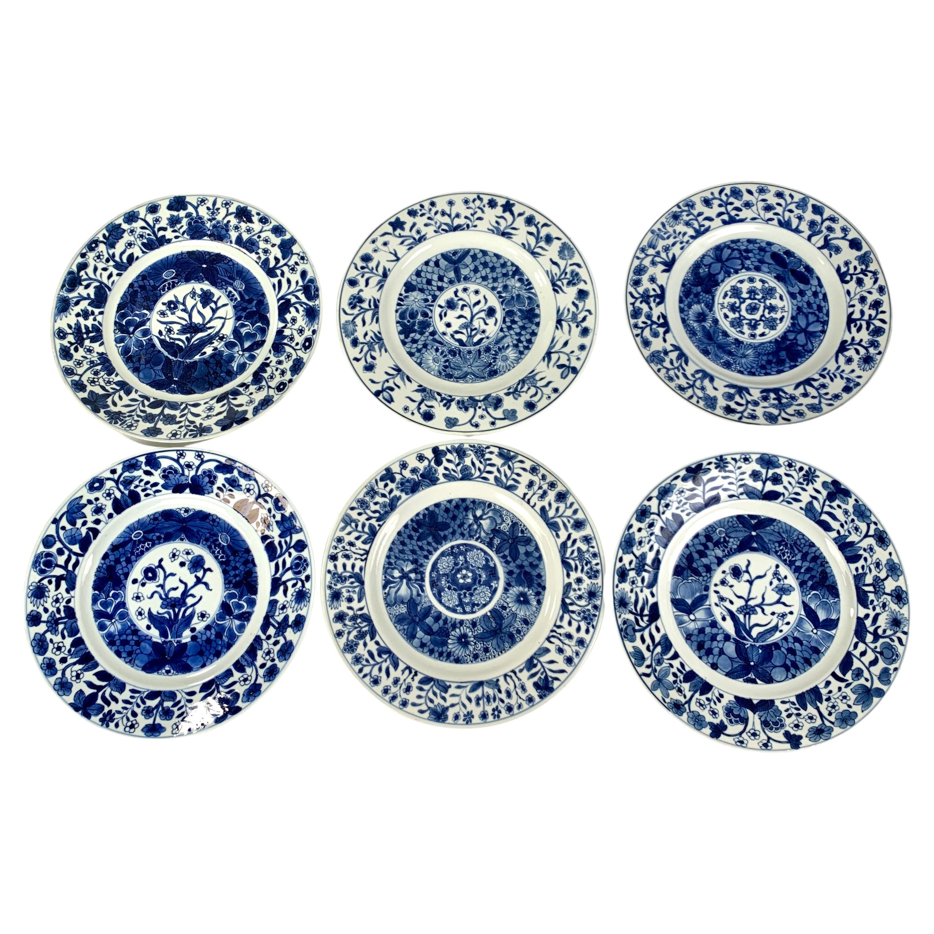Six Blue and White Dishes Chinese Porcelain Hand Painted Kangxi Era, circa 1700