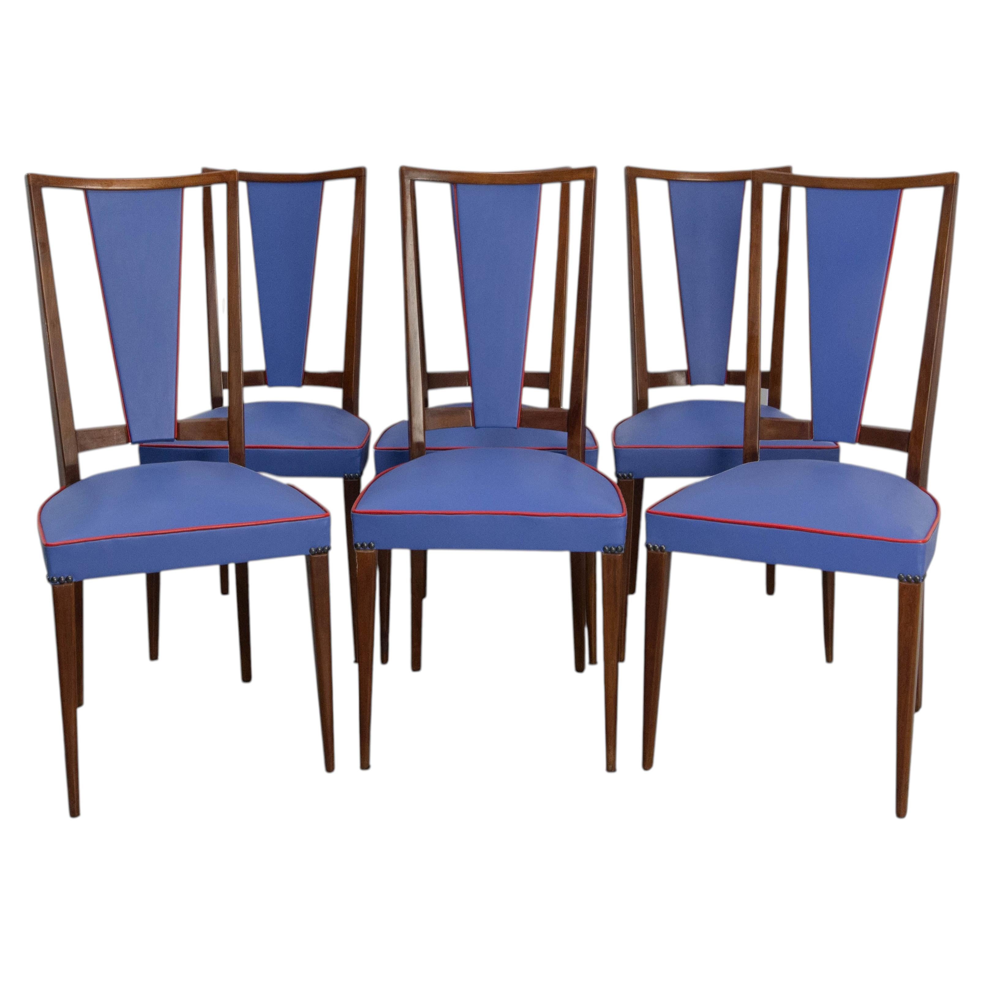 Six Blue Red Border Dining Chairs Teck and Skai Midcentury French, circa 1960 For Sale