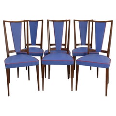 Six Blue Red Border Dining Chairs Teck and Skai Midcentury French, circa 1960