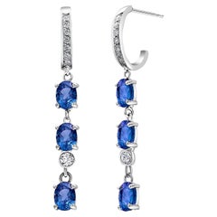 Six Blue Sapphires and Diamonds Triple Tiered Drop Hoop Earrings
