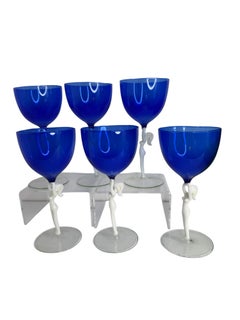Six Blue Stemware Wine Glass, Nude Lady Stem, Bimini Art Glass Vintage Austria