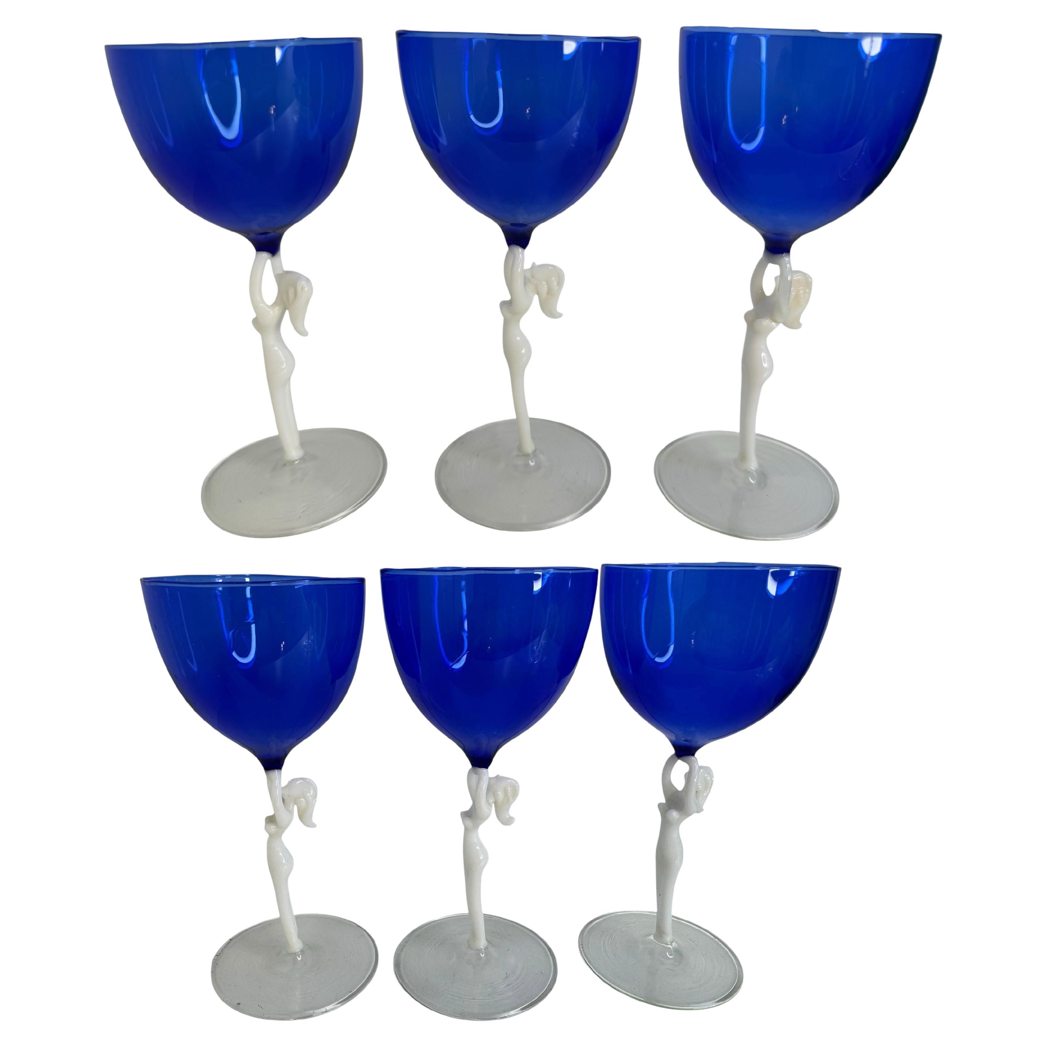 Six Blue Stemware Weinglas, Nude Lady Stem, Bimini Art Glass Vintage By Österreich im Angebot